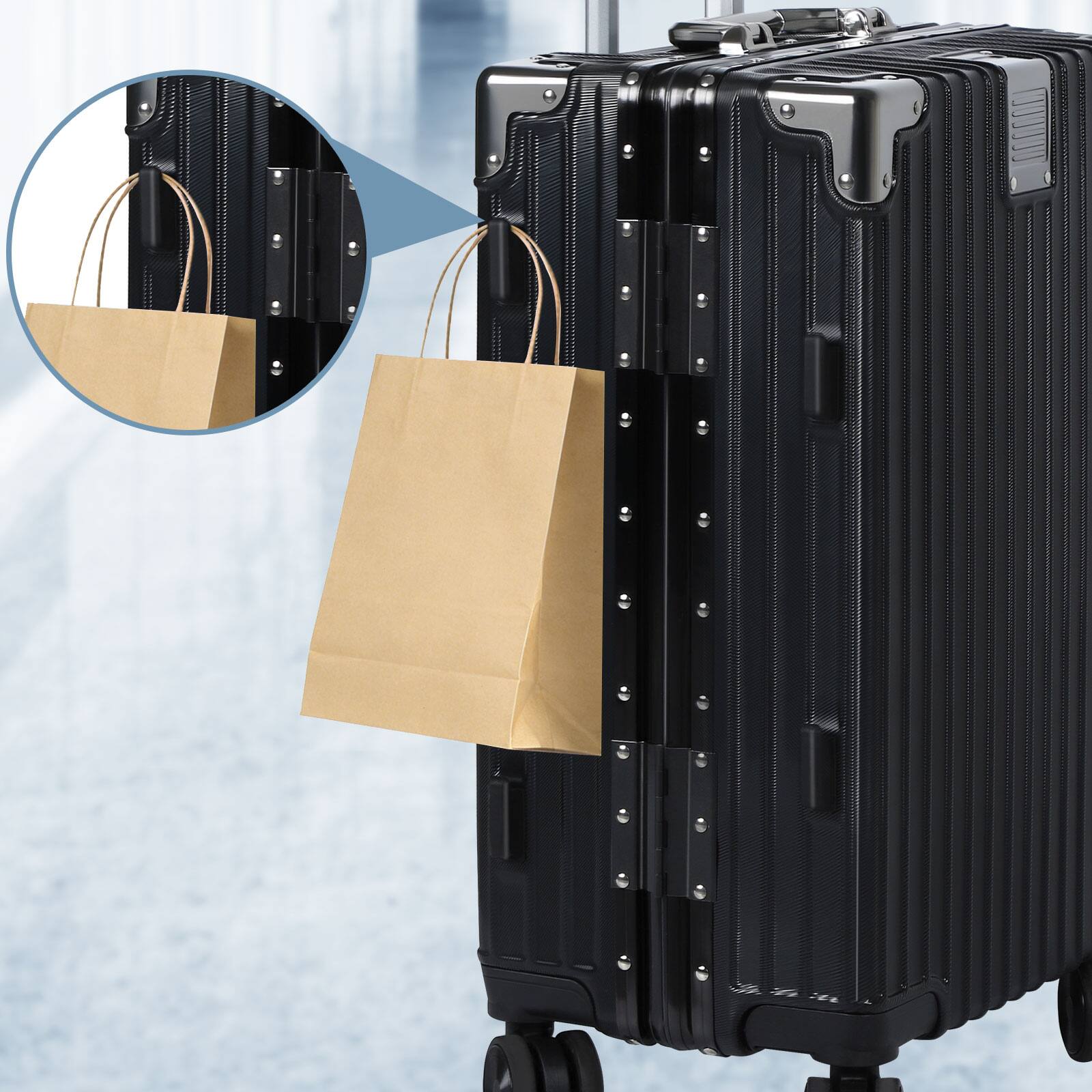 Angle. Oumilen - 2 Piece Black Travel Set – 20" ABS Aluminum Carry On with TSA Lock + Expandable Tote, Silent Wheels - Black.