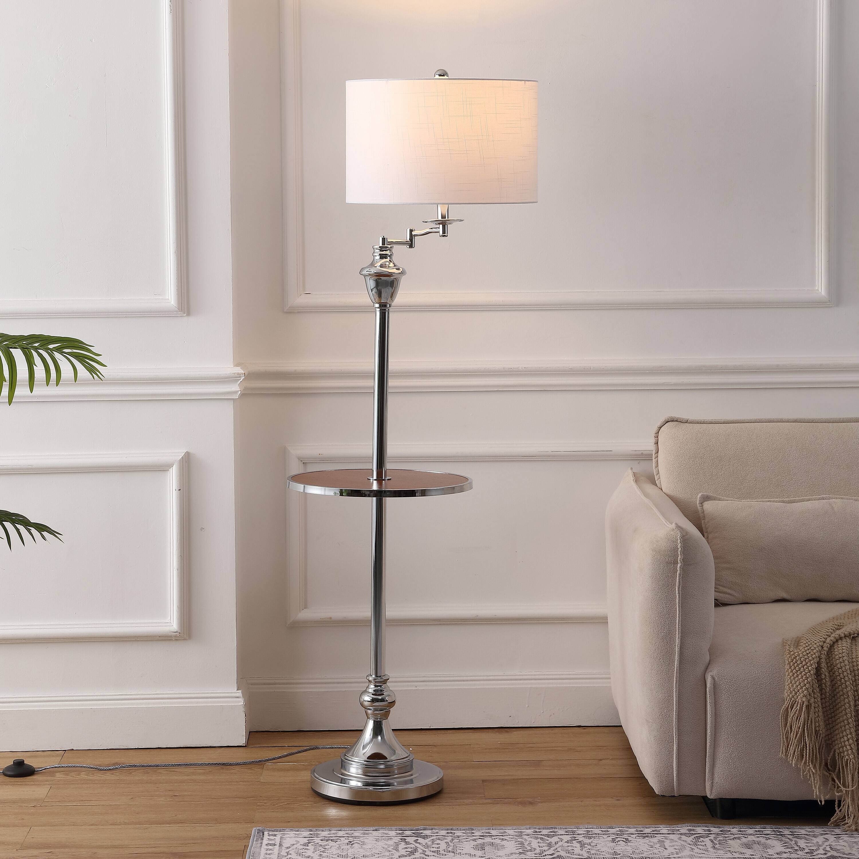 Alt View 1. Jonathan Y - Cora 60" Modern Metal LED Floor Lamp with Integrated Wood Side Table and Swing Arm, Chrome/Brown Wood - Chrome/Brown Wood.