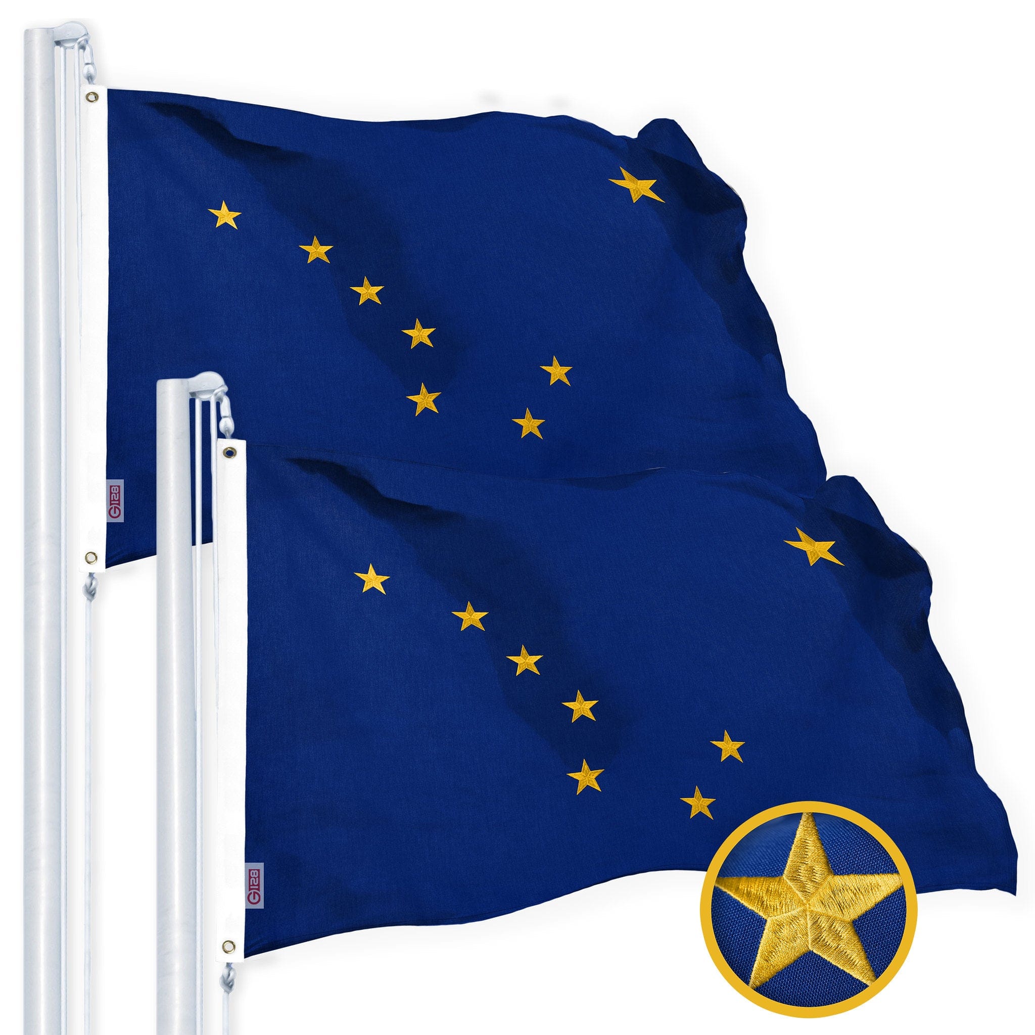 G128 - 2-Pack Alaska State Flag, 2 x 3 ft Embroidered 220 GSM Spun Polyester, Brass Grommets - Assorted Colors