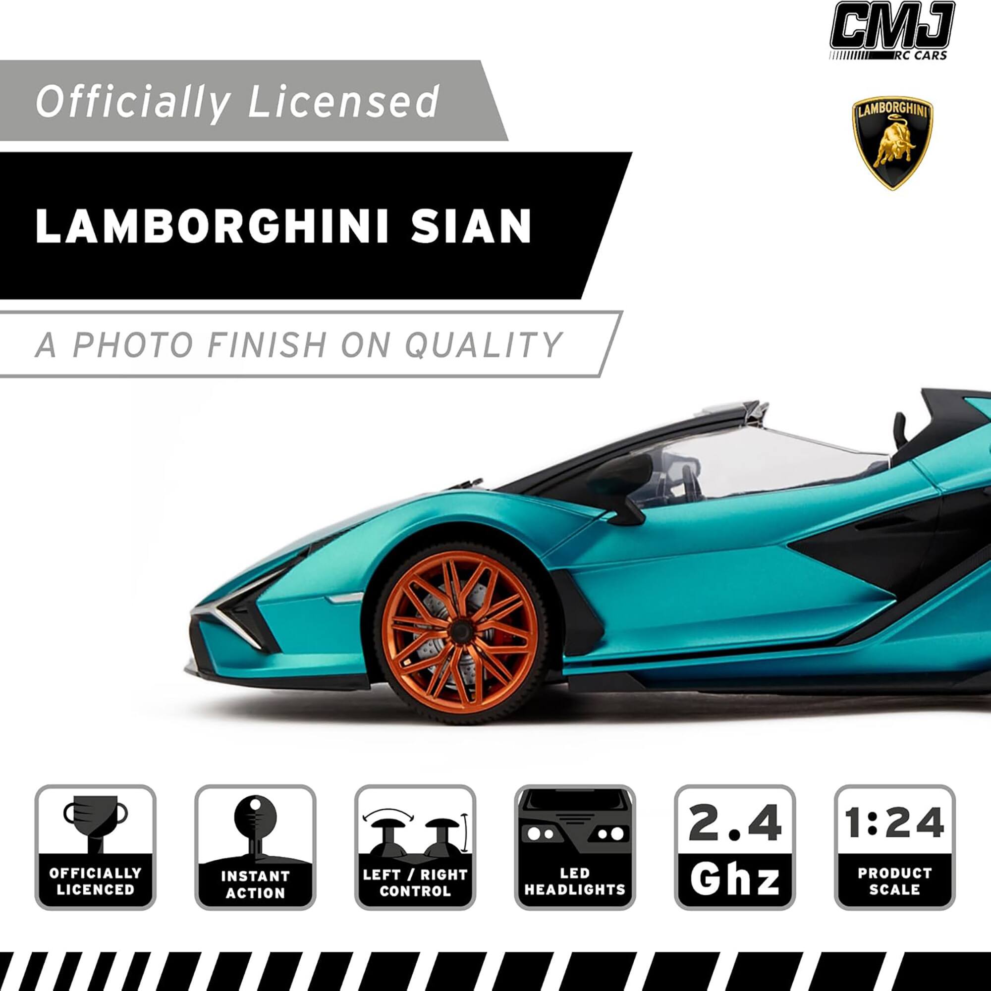 Officially Licensed J C CARS Lamborghini Sian. A photo finish on quality. Instant action left/right/LED control headlights. 2.4 Ghz 1:24 product scale.
