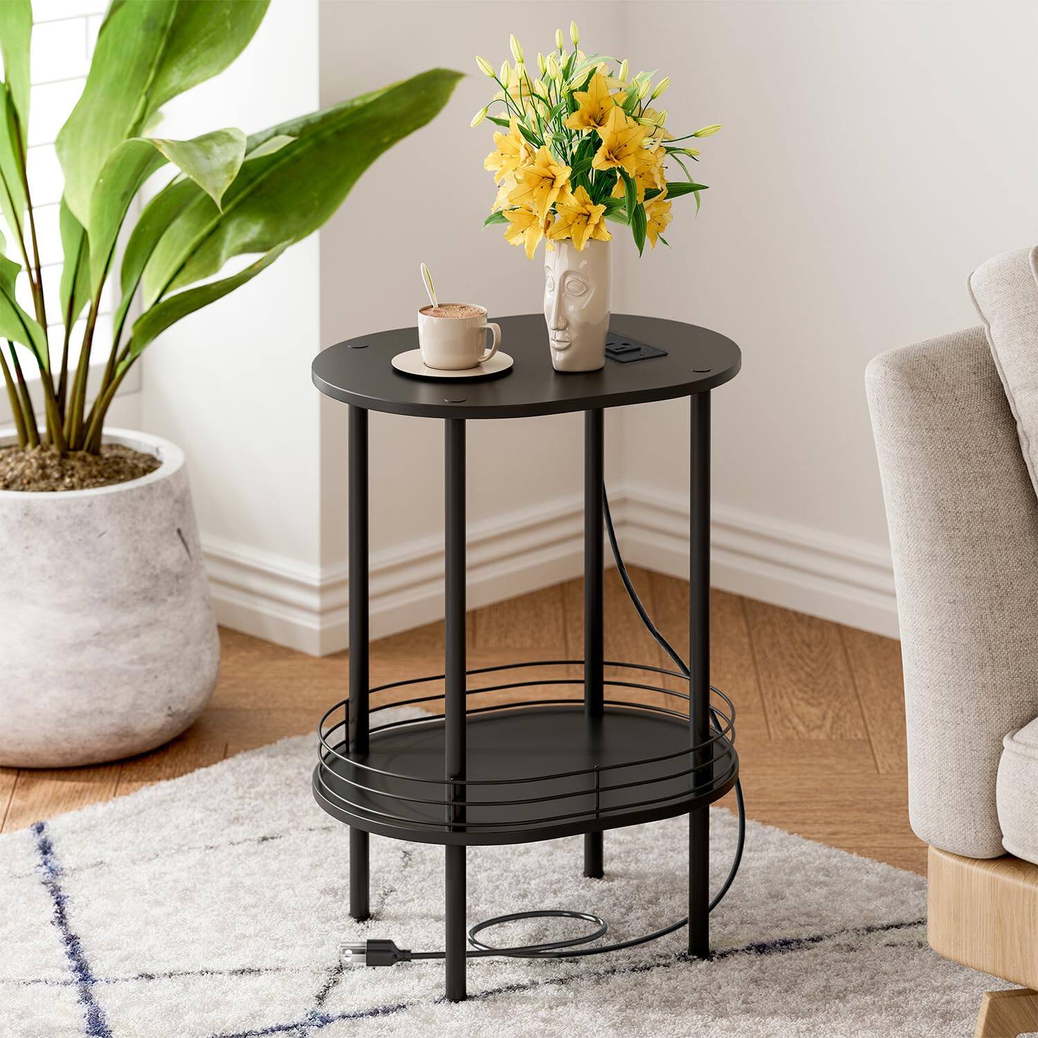 Front. VEGA AUTOMOTIVE - Round Side Table Bedside With Storage Morden Nightstand Samll For Living Room Bathroom Bedroom Laundry - Black Power Outlets.