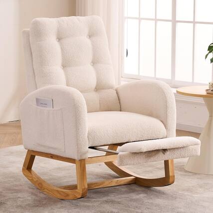Front. Trinkets Crazed - Nursery Rocking Chair Upholstered Glider Chair with Footrest Tufted Rocker Recliner with Side Pocket - Beige Teddy.