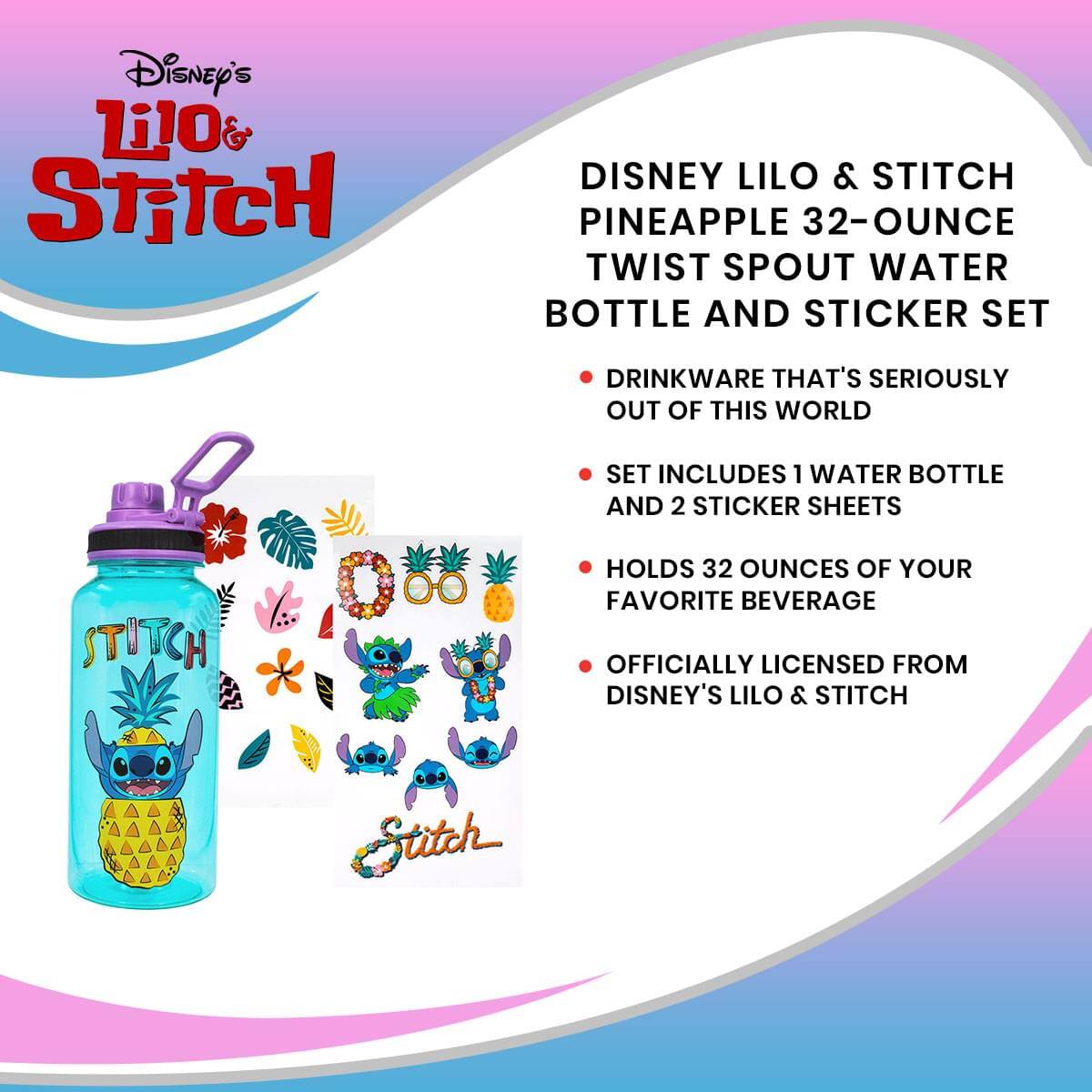 Disney's Lilo & Stitch

Disney Lilo & Stitch Pineapple 32-Ounce Twist Spout Water Bottle and Sticker Set

- Drinkware that's seriously out of this world
- Set includes 1 water bottle and 2 sticker sheets
- Holds 32 ounces of your favorite beverage
- Officially licensed from Disney's Lilo & Stitch