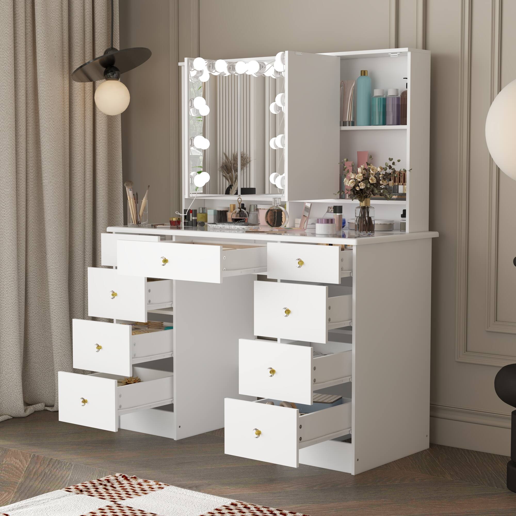 Angle. Famapy - Hollywood Tri-Mirror Vanity with Glass Top & Sphere Lights Remote 3-Color Dimmable Lighting Display Cabinet - White.