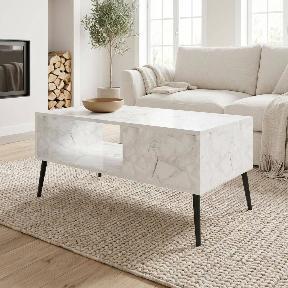 Left. FurniFact - Marble White Coffee Table with Wood Legs Mid Century Style Design - Marble White.