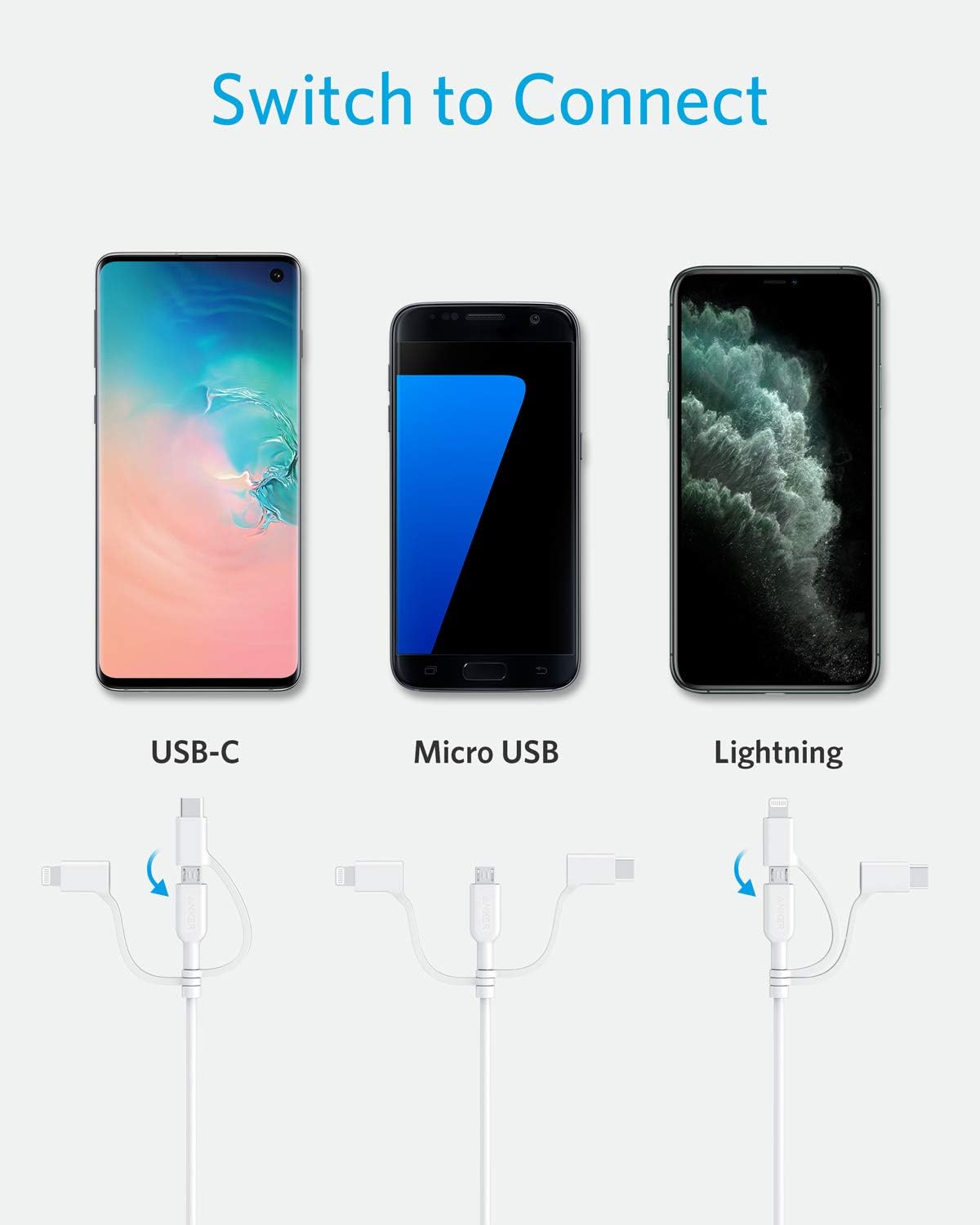 Switch to Connect

USB-C  
Micro USB  
Lightning