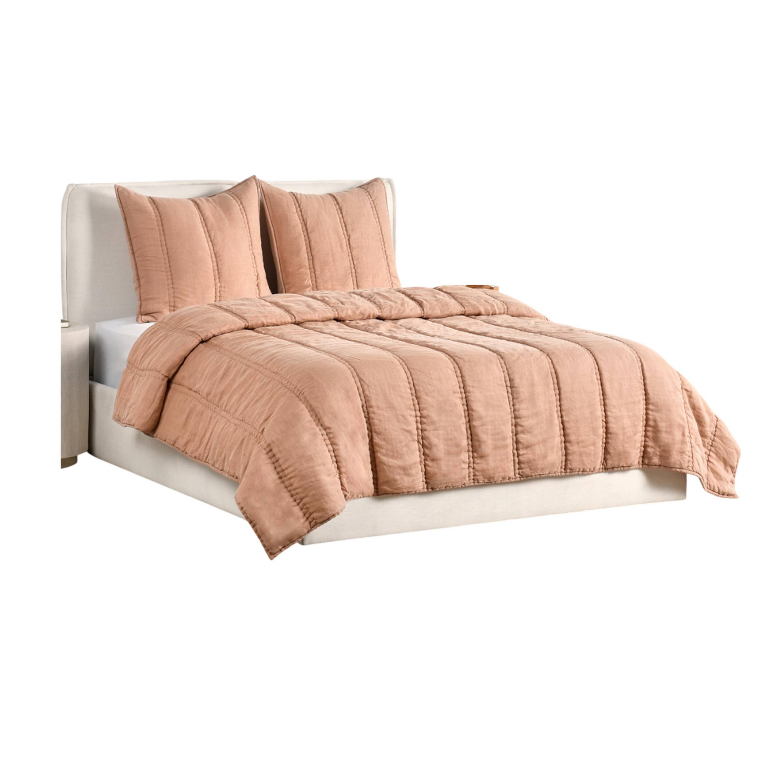 Front. Manhattan Lane - Rawi 3 Piece King Quilt Set, Channel Stitched Clay Ramie, Cotton - Clay.