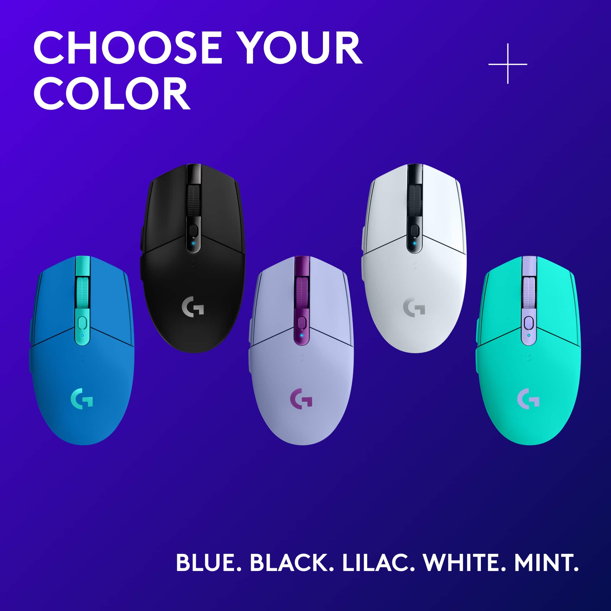 Choose your color: Blue, Black, Lilac, White, Mint.