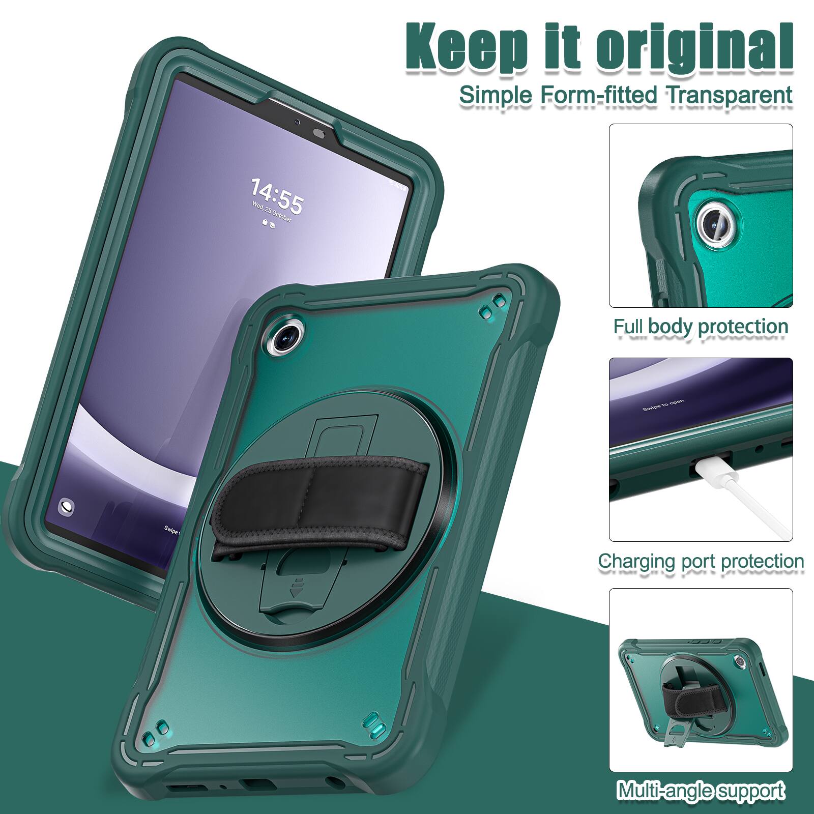 Keep it original  
Simple Form-fitted Transparent  
14:55  
Full body protection  
Swipe Charging port protection  
Multi-angle support