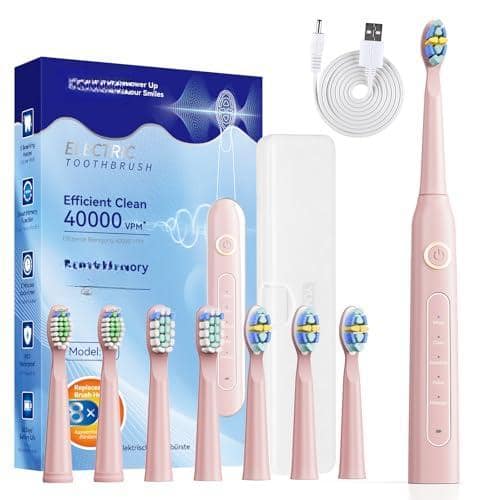 Cozy Serene - Electric Toothbrush For Adults Rechargeable Sonic Toothbrushs-8 Brush Heads 5 Modes & 2 Minutes - Pink