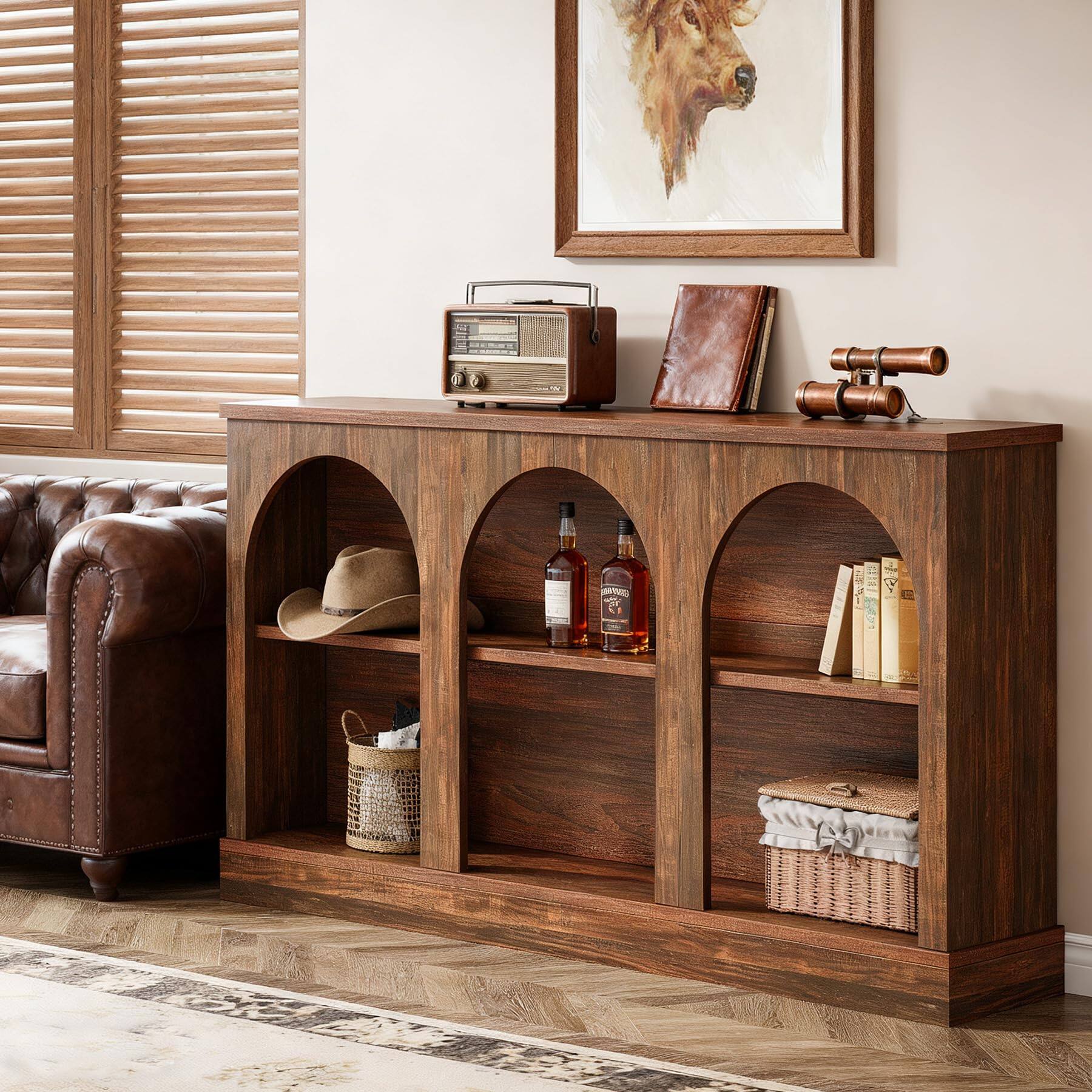 Alt View 4. Tribesigns - Wooden Narrow Entryway Table with 3-Tier Storage Shelf, 63" Long Modern Farmhouse Sofa Console Table for Hallway, Living - Saddle Brown.