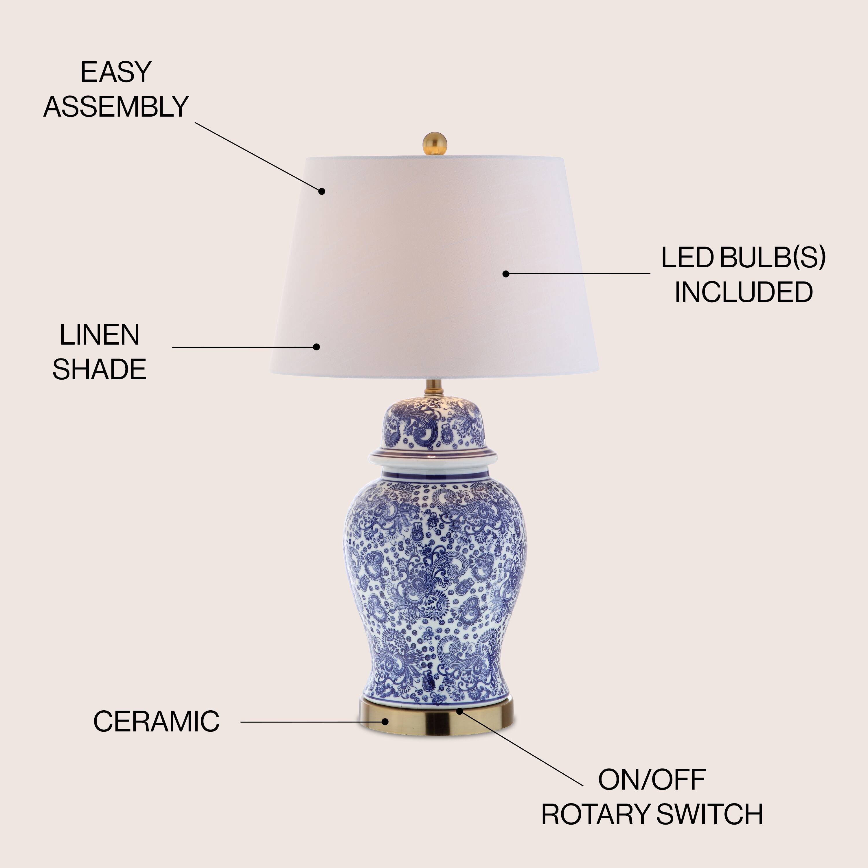 - EASY ASSEMBLY
- LINEN SHADE
- LED BULB(S) INCLUDED
- CERAMIC
- ON/OFF ROTARY SWITCH
