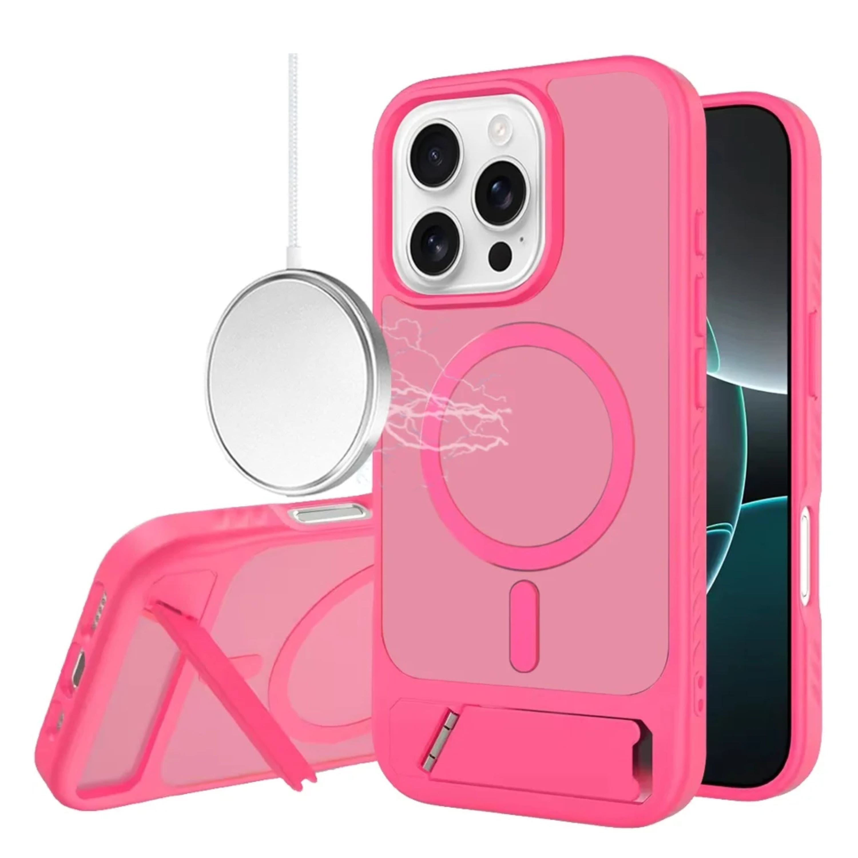 Kitcheniva - Magnetic Circle Metal Kickstand Phone Case With Tempered Glass For iPhone 16 Pro Max - Hot Pink price history on PriceWatchPro