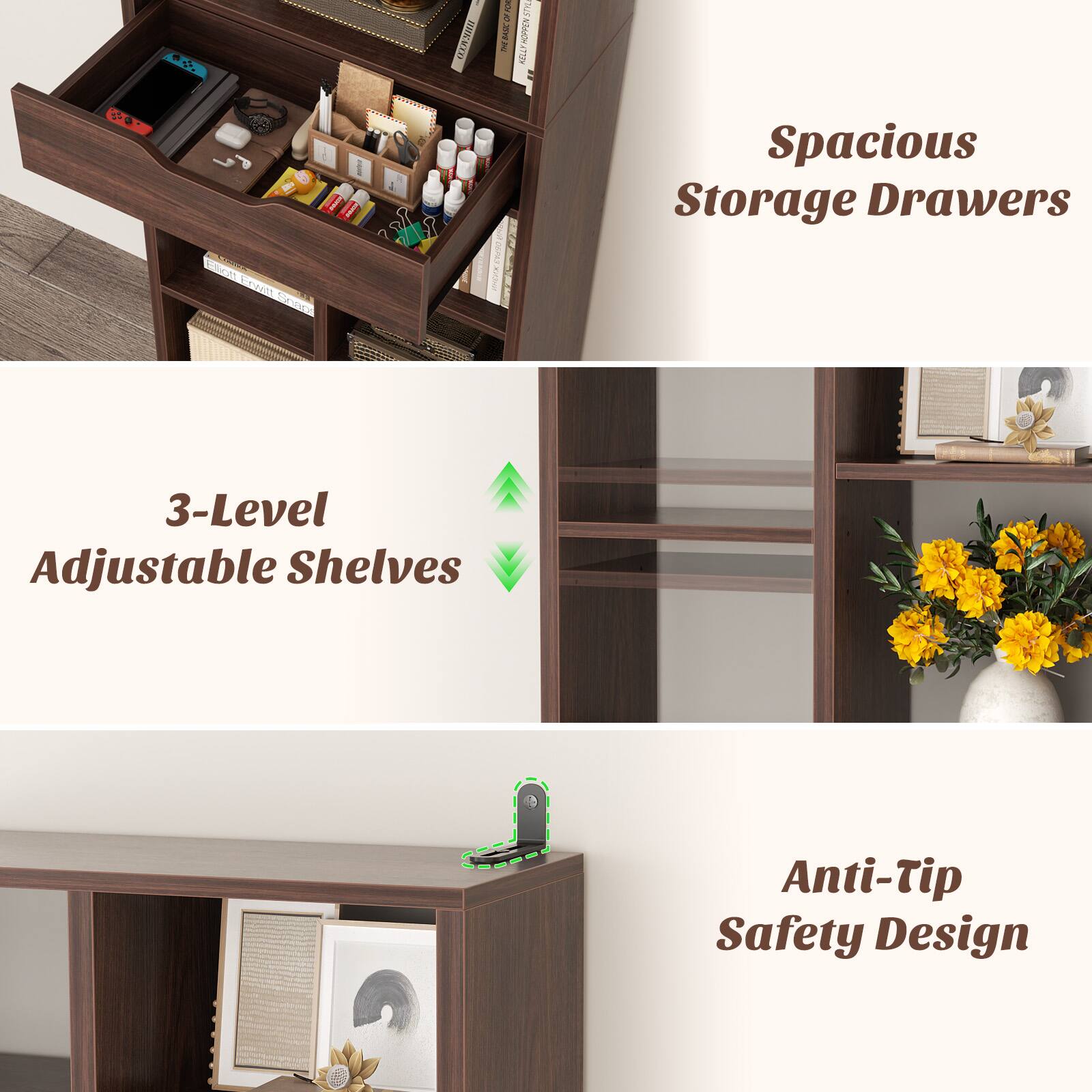 - Spacious Storage Drawers
- 3-Level Adjustable Shelves
- Anti-Tip Safety Design