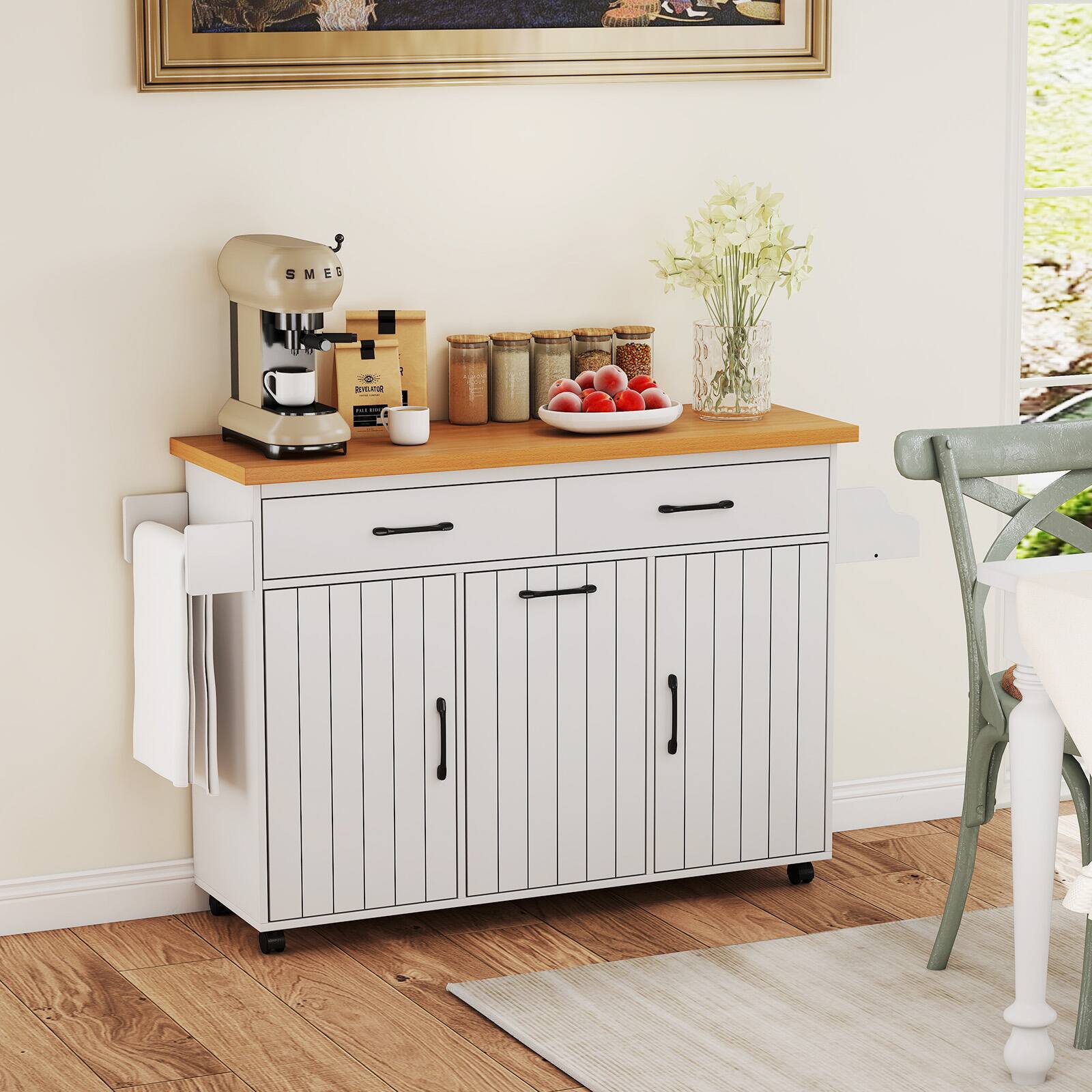Alt View 3. Costway - Costway Rolling Kitchen Island Kitchen Cart with Tilt-out Trash Cabinet Island Table - White.