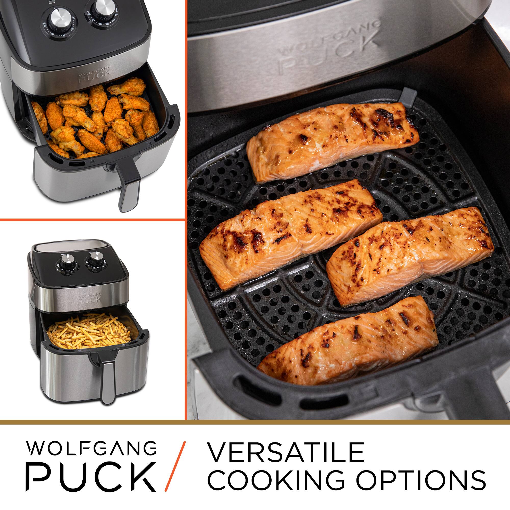 The text on the image can be grouped and corrected as follows:

- "WOLFGANG PUCK"
- "VERSATILE COOKING OPTIONS"

The image shows a compact cooking appliance with various food items being cooked, such as chicken wings and salmon, highlighting its versatility.
