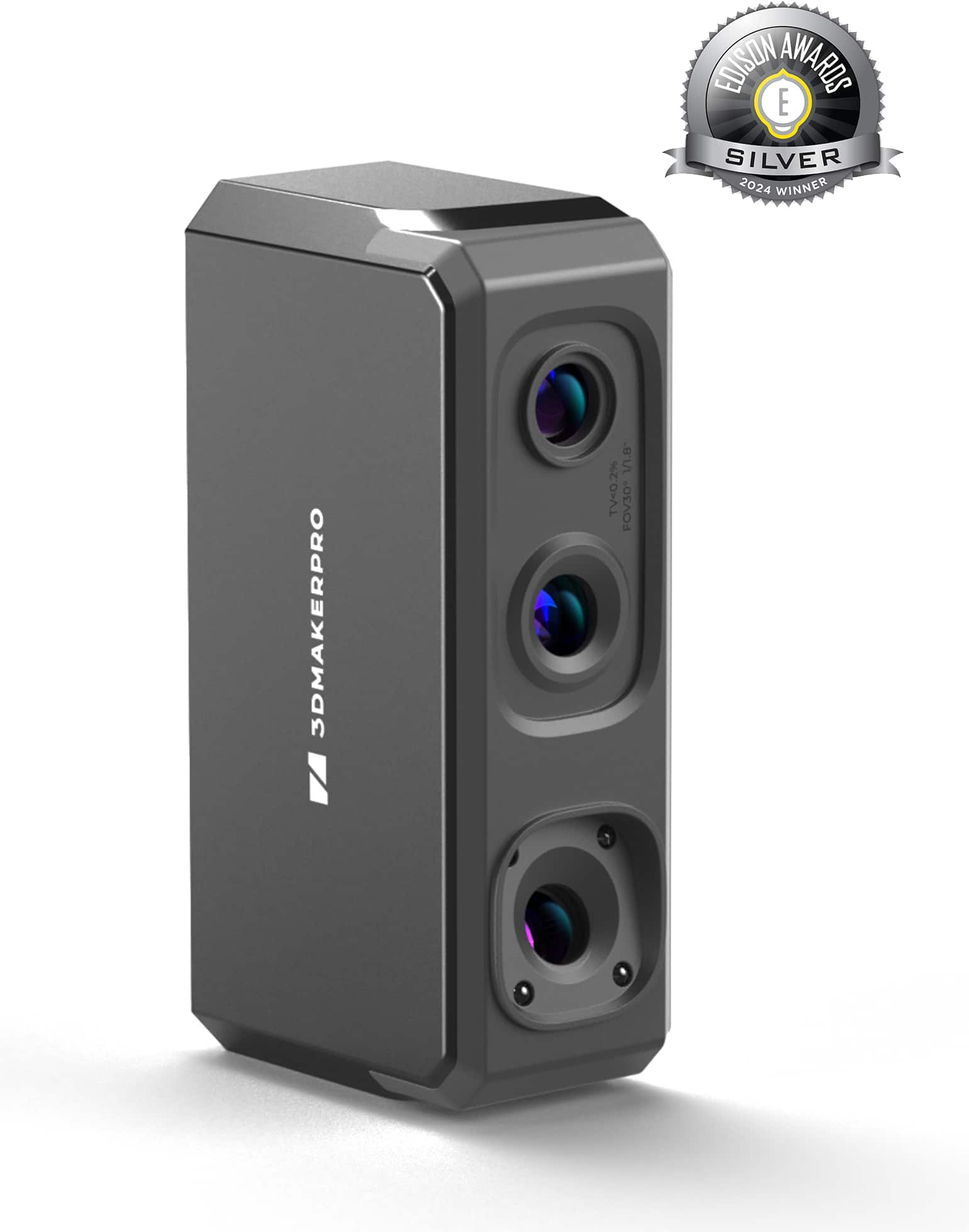 The text on the image reads: "Edison Awards E Silver 2024 Winner 3D MakerPro 2% 81/ TV<O FOV30."