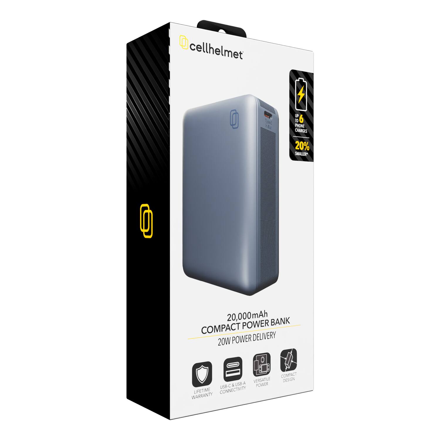 cellhelmet

- 20,000mAh
- COMPACT POWER BANK
- 20W POWER DELIVERY
- COMPACT DESIGN
- VERSATILE POWER
- USB-C & USB-A CONNECTIVITY
- LIFETIME WARRANTY

- UP TO 6 PHONE CHARGES
- 20% SMALLER