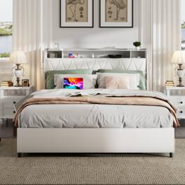 LUCKY ONE - Queen Size Platform Bed Frame with Ergonomic Headboard, Outlets, USB Charger, Storage Shelf, Noise-Free - White