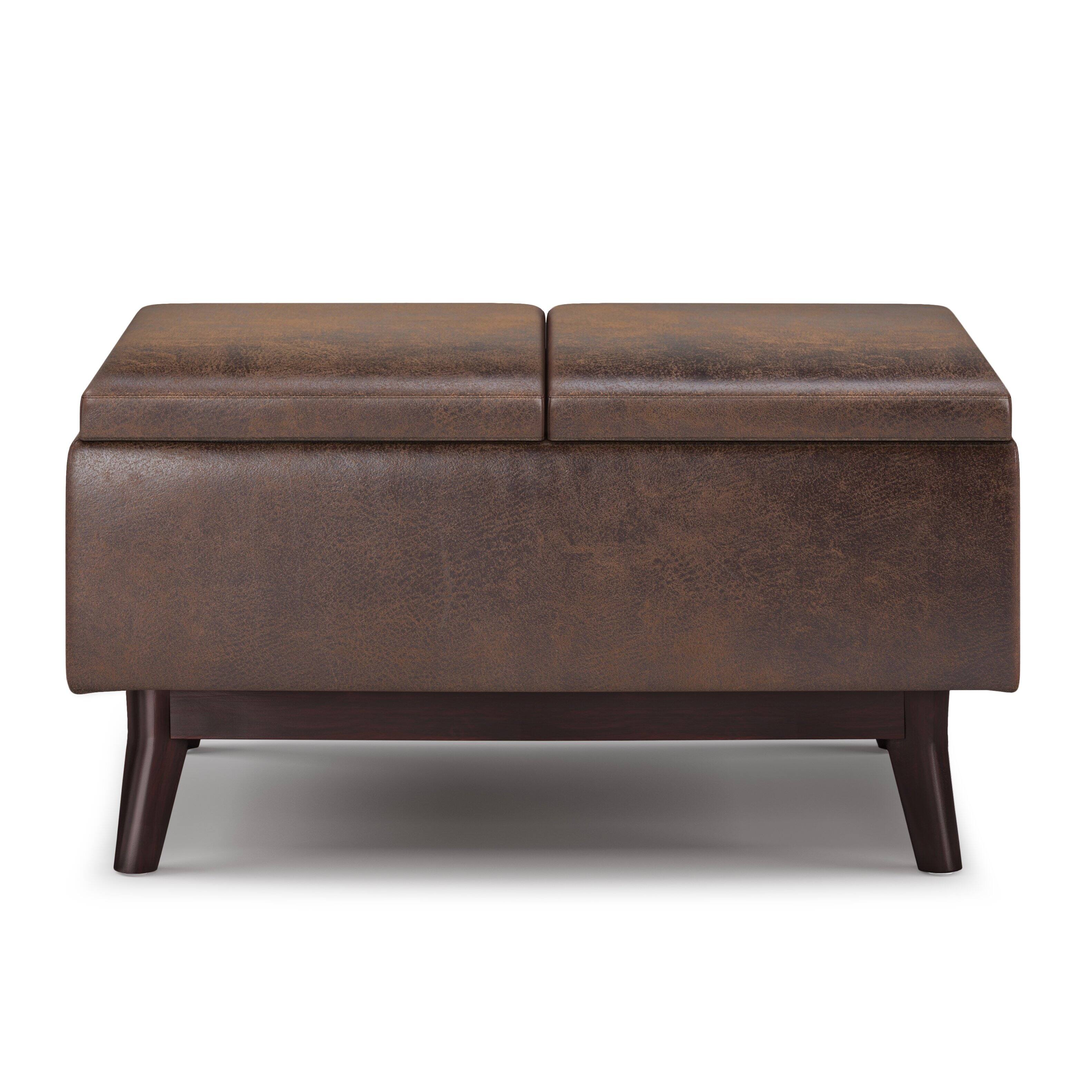Left. Simpli Home - Owen Tray Top Small Coffee Table Storage Ottoman - Distressed Chestnut Brown.