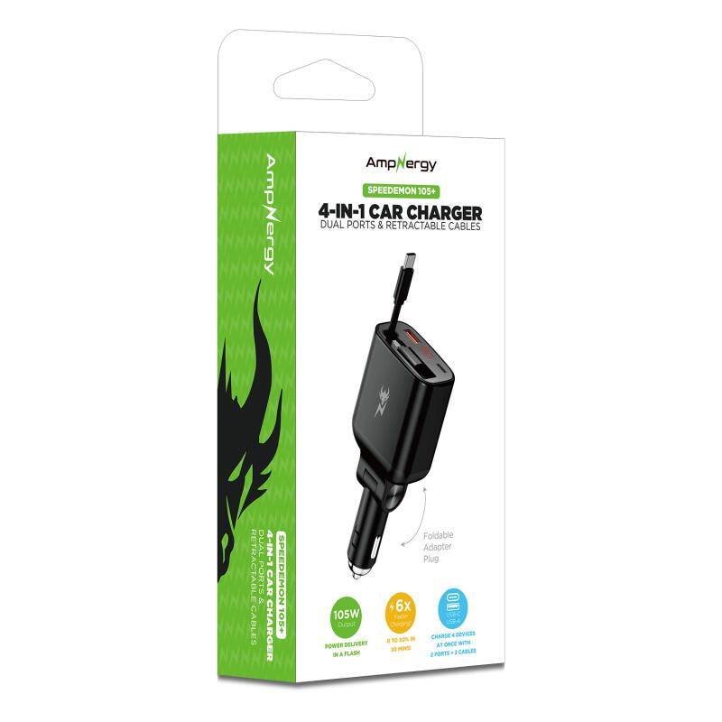 AmpNergy AmpNergy Amp ergy SPEEDEMON 105+ 4-IN-1 CAR CHARGER DUAL PORTS & RETRACTABLE CABLES DUAL 4-IN-1 RETRACTABLE PORTS CAR CHARGER SPEEDEMON 105+ 105W OUTPUT POWER DELIVERY IN A FLASH Foldable Adapter Plug 6x CHARGE 4 DEVICES AT ONCE - 2 PORTS + RETRACTABLE CABLES
