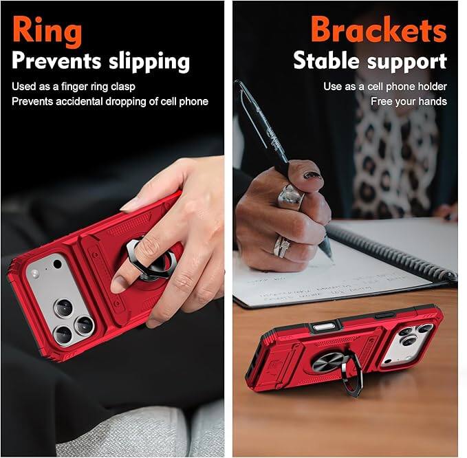 **Ring**  
Prevents slipping  
Used as a finger ring clasp  
Prevents accidental dropping of cell phone  

**Brackets**  
Stable support  
Use as a cell phone holder  
Free your hands
