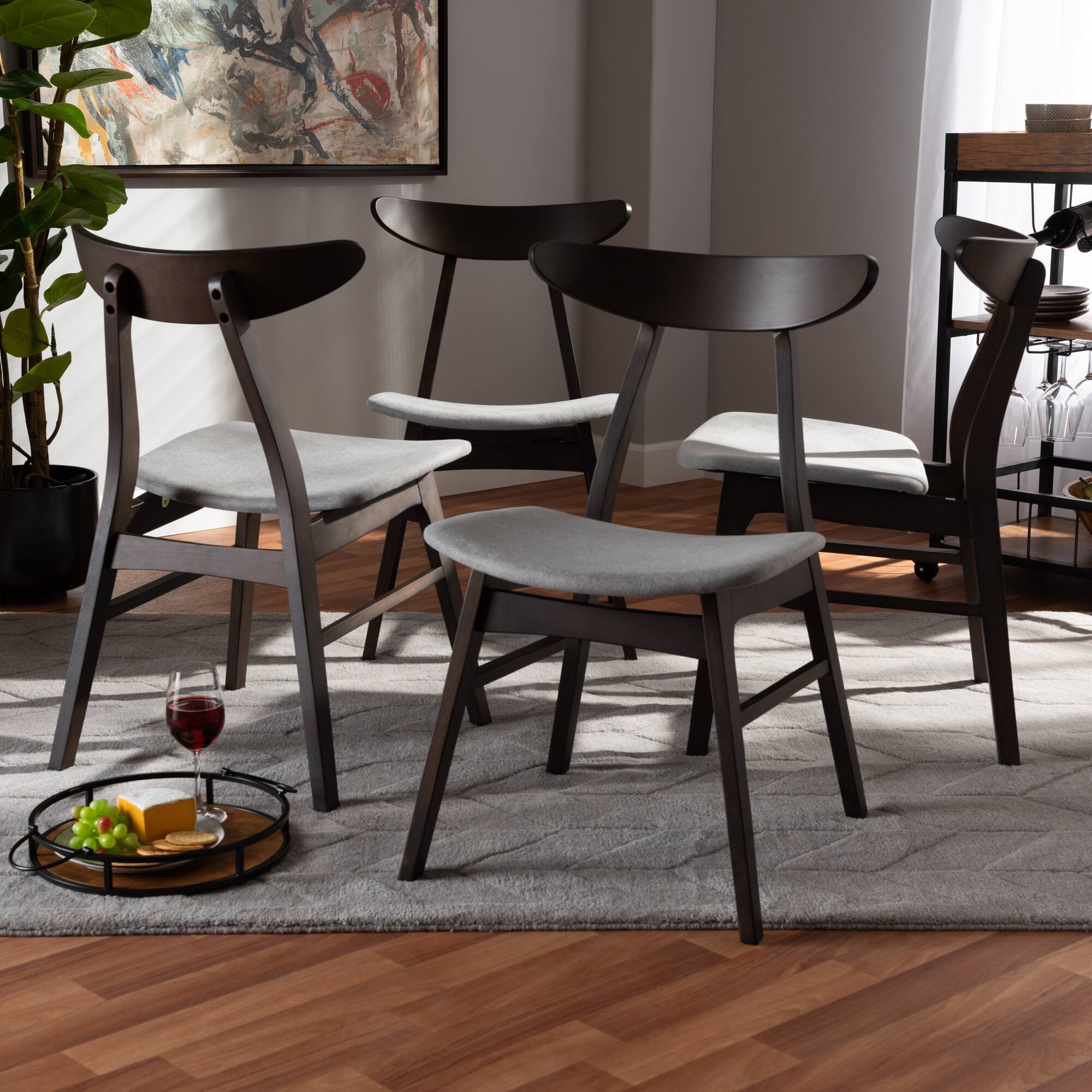 Left. Baxton Studio - Britte Mid Century Fabric Upholstered Dark Oak Finished 4-Piece Wood Dining Chair Set Set - Light Grey/Dark Brown.