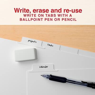 Write, erase and re-use  
WRITE ON TABS WITH A BALLPOINT PEN OR PENCIL  

projects  
tasks  
calendar