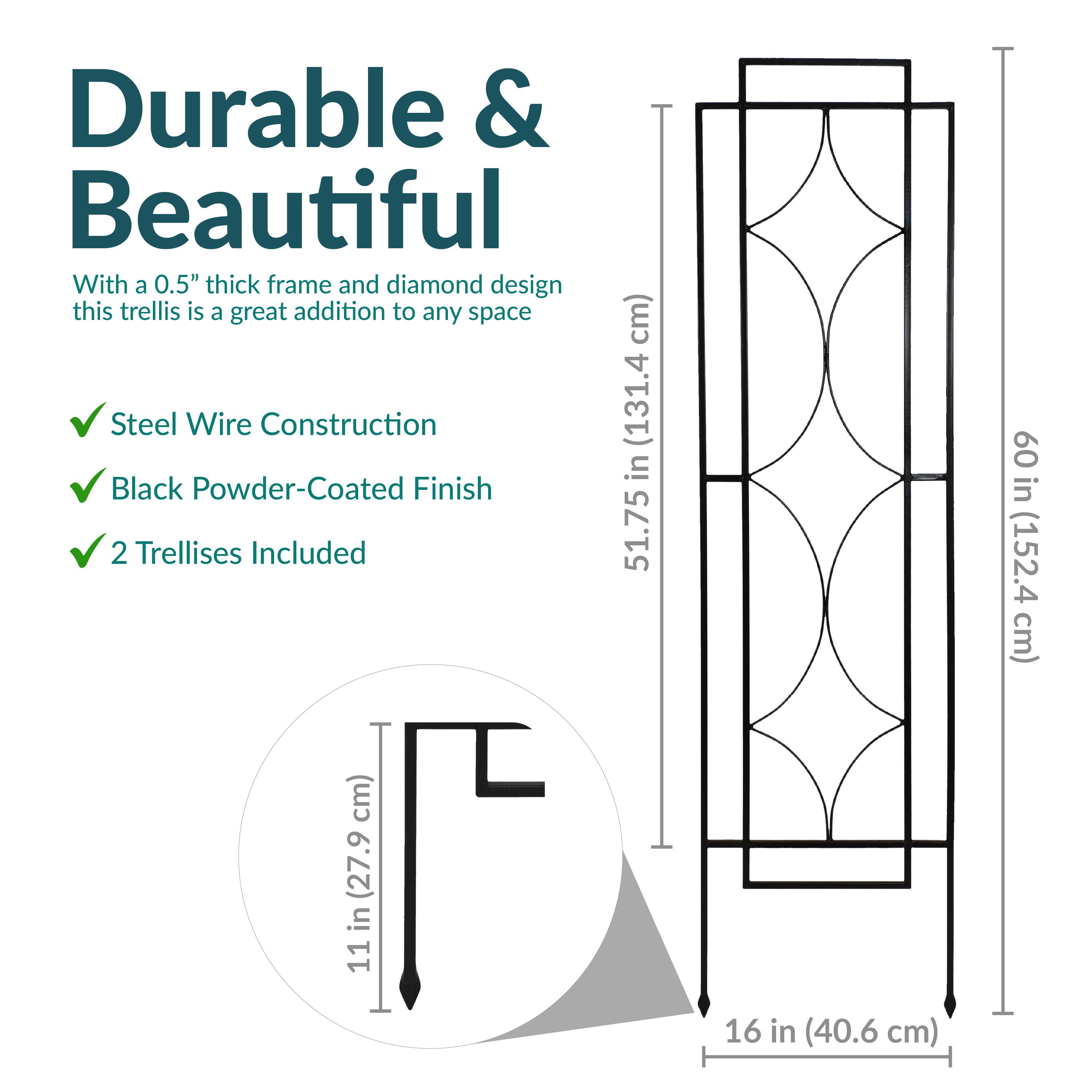 Durable & Beautiful

With a 0.5" thick frame and diamond design, this trellis is a great addition to any space.

- Steel Wire Construction
- Black Powder-Coated Finish
- 2 Trellises Included

Dimensions:
- Height: 60 in (152.4 cm)
- Width: 51.75 in (131.4 cm)
- Depth: 16 in (40.6 cm)
- Base: 11 in (27.9 cm)