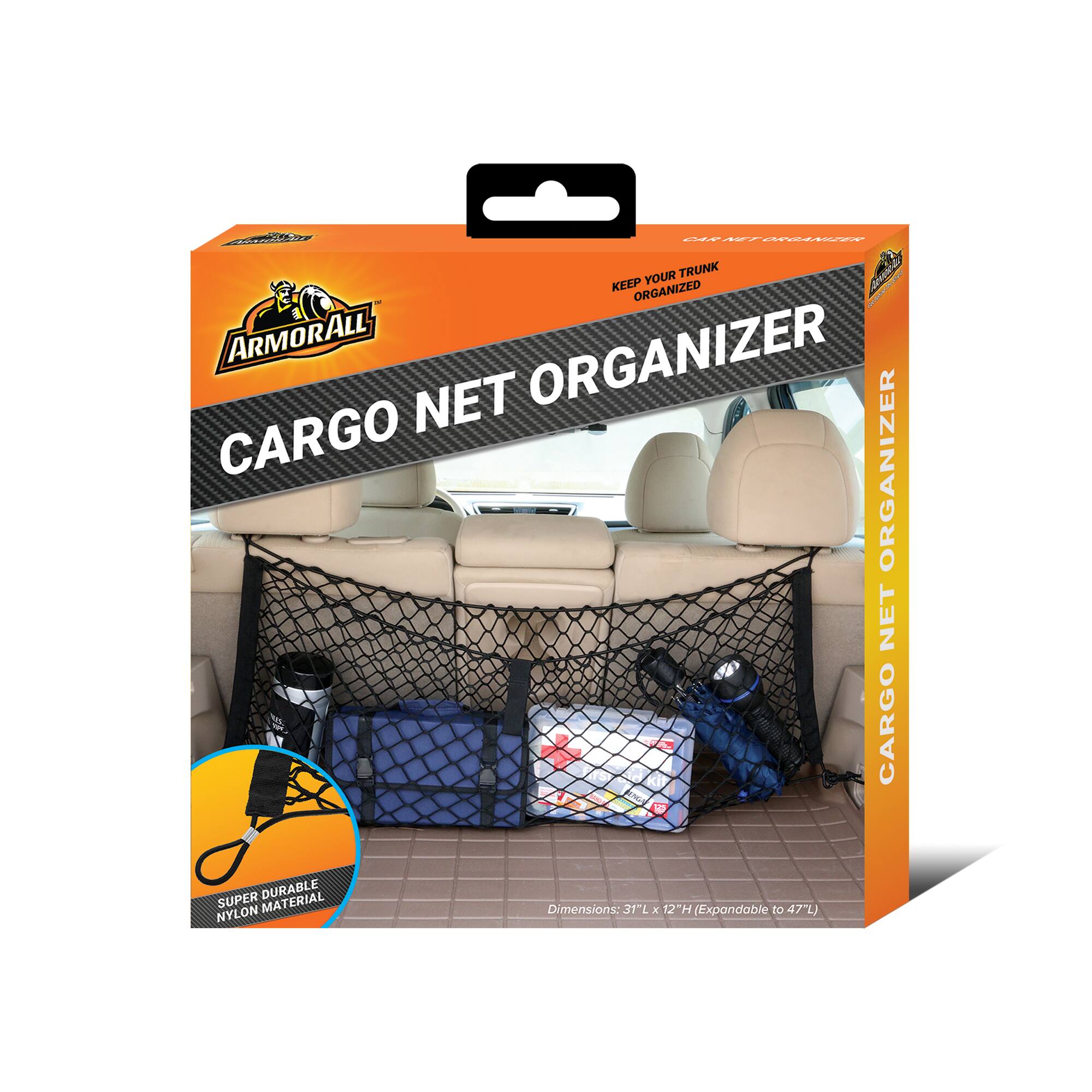 ARMORALL  
CARGO NET ORGANIZER  
KEEP YOUR TRUNK ORGANIZED  
CARGO NET ORGANIZER  
SUPER DURABLE NYLON MATERIAL  
Dimensions: 31L x 12 H (Expandable to 47L)