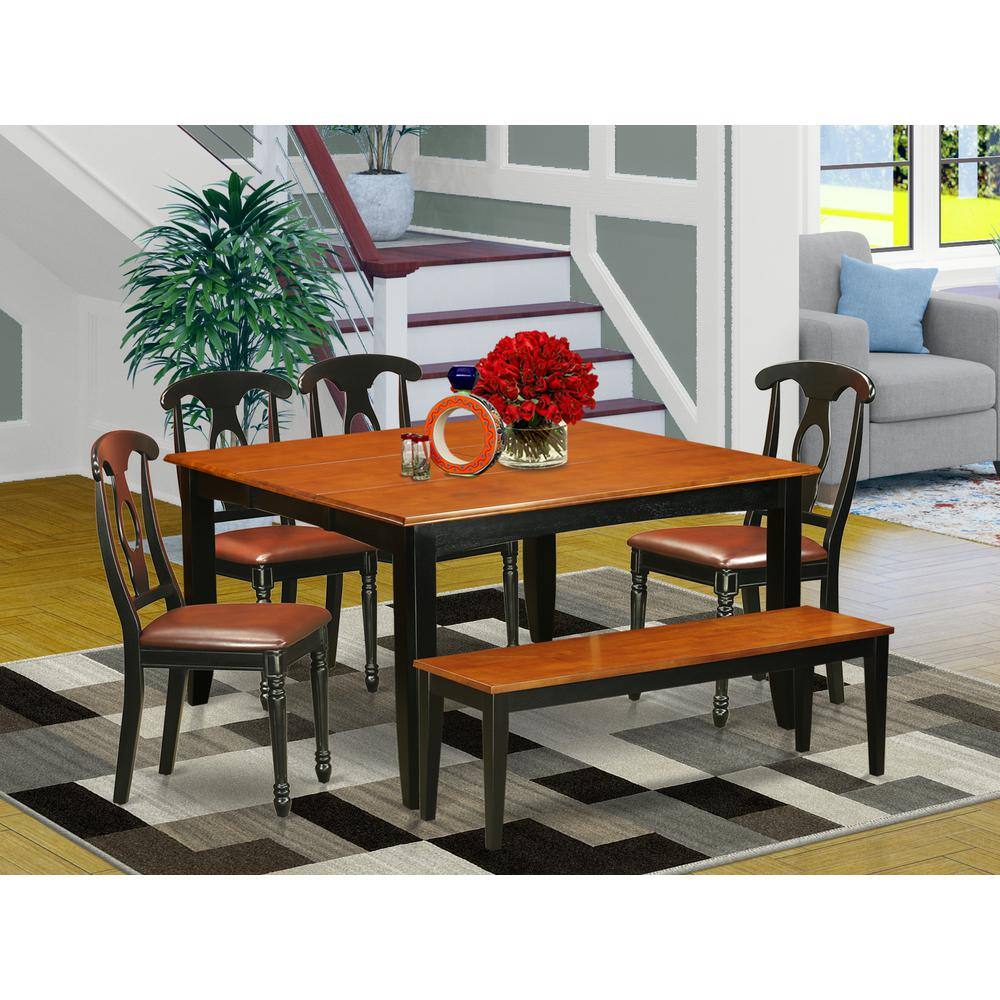 Alt View 2. East West Furniture - 6 PC Dining room set with bench-Dining Table and 4 Wood Dining Chairs plus a bench - Black & Cherry.