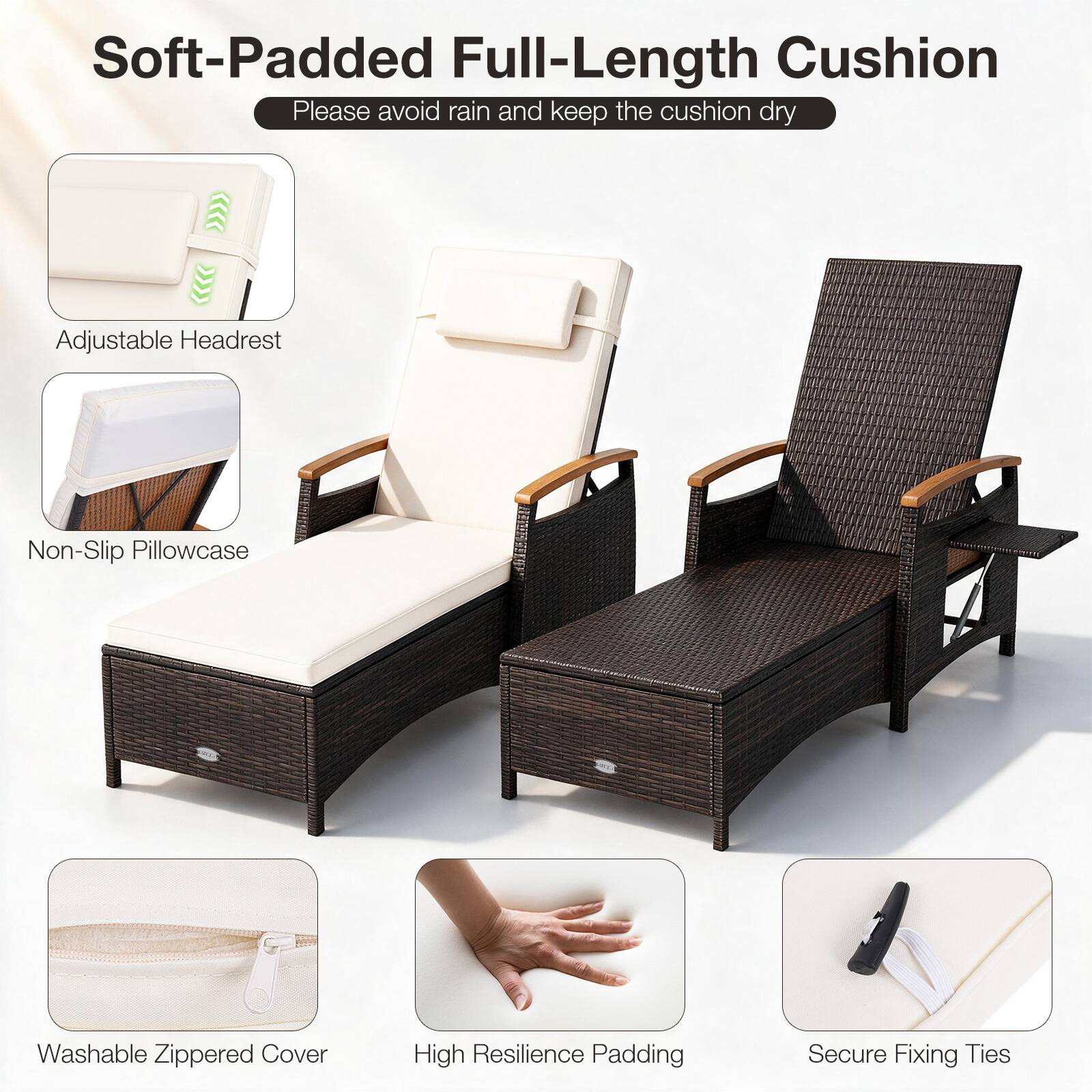 Soft-Padded Full-Length Cushion  
Please avoid rain and keep the cushion dry  

Adjustable Headrest  
Non-Slip Pillowcase  
Washable Zippered Cover  
High Resilience Padding  
Secure Fixing Ties