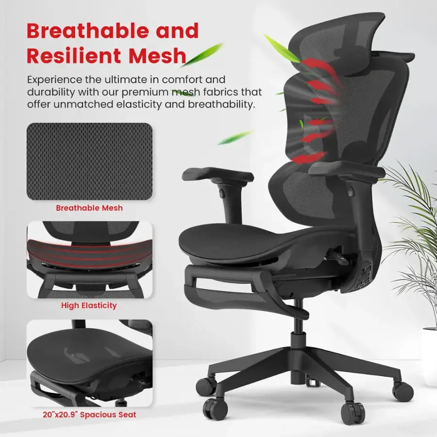 Breathable and Resilient Mesh: Experience the ultimate in comfort and durability with our premium mesh fabrics that offer unmatched elasticity and breathability. Breathable Mesh High Elasticity 20"x20.9" Spacious Seat.
