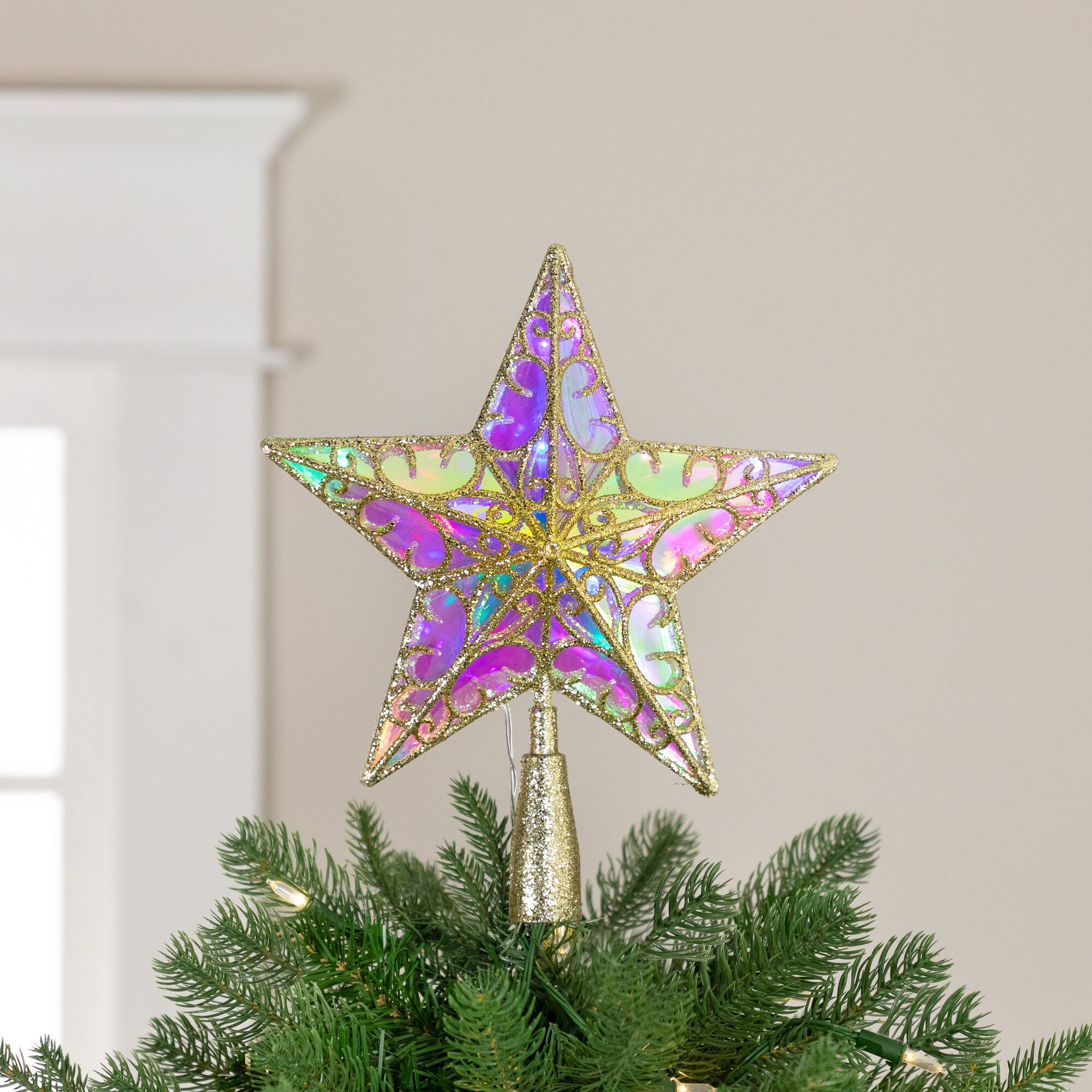 Front. Northlight - LED Lighted Glittered Star Christmas Tree Topper - 10.5" - Iridescent - Multicolor Lights - Gold.