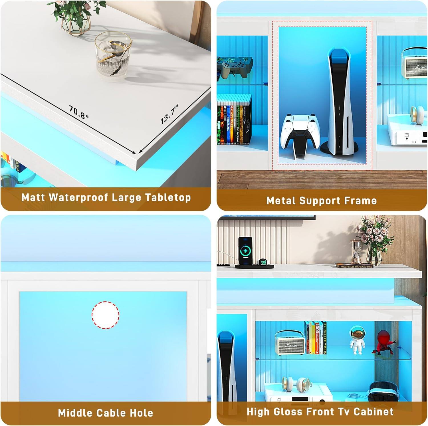 Kotke 70.8" 13.7" 7" | Matt Waterproof Large Tabletop Metal Support Frame with Middle Cable Hole High Gloss Front TV Cabinet