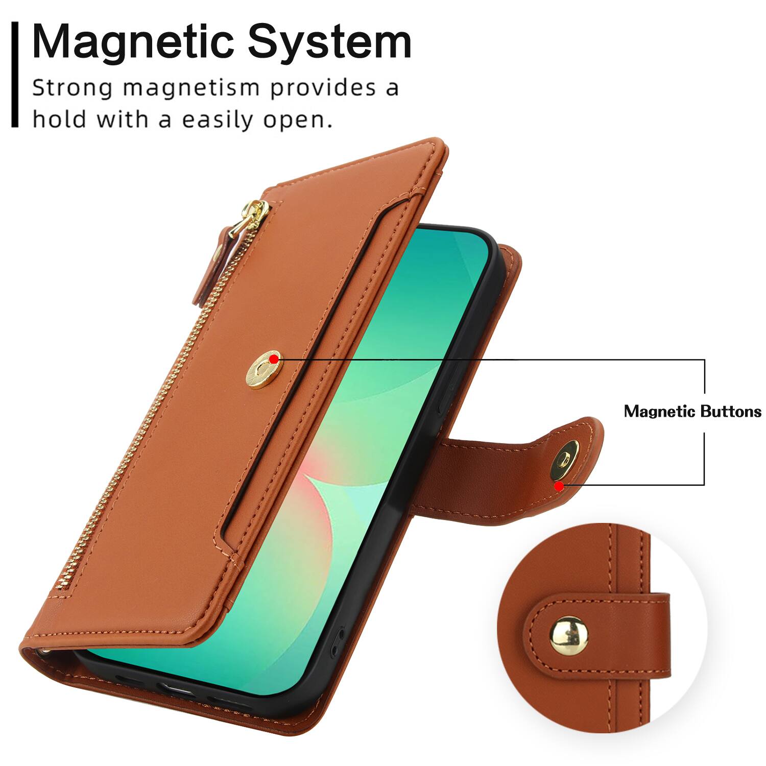 Magnetic System  
Strong magnetism provides a hold with a easily open.  
Magnetic Buttons