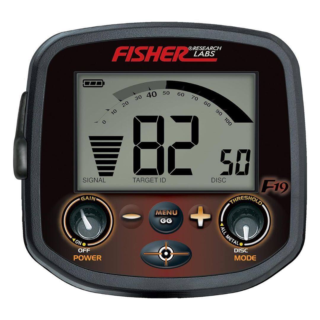 RESEARCH LABS  
FISHER  

SIGNAL 82  
TARGET ID 50  
DISC  

GAIN  
MENU GG  
THRESHOLD  

POWER  
OFF  
ALL METAL  
DISC MODE  

F19