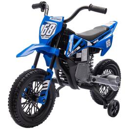 BreeBe - Qaba 12V Kids Dirt Bike w/ Twist Grip Throttle, Electric Motorcycle w/ Training Wheels, Rear Suspension & Music - Blue