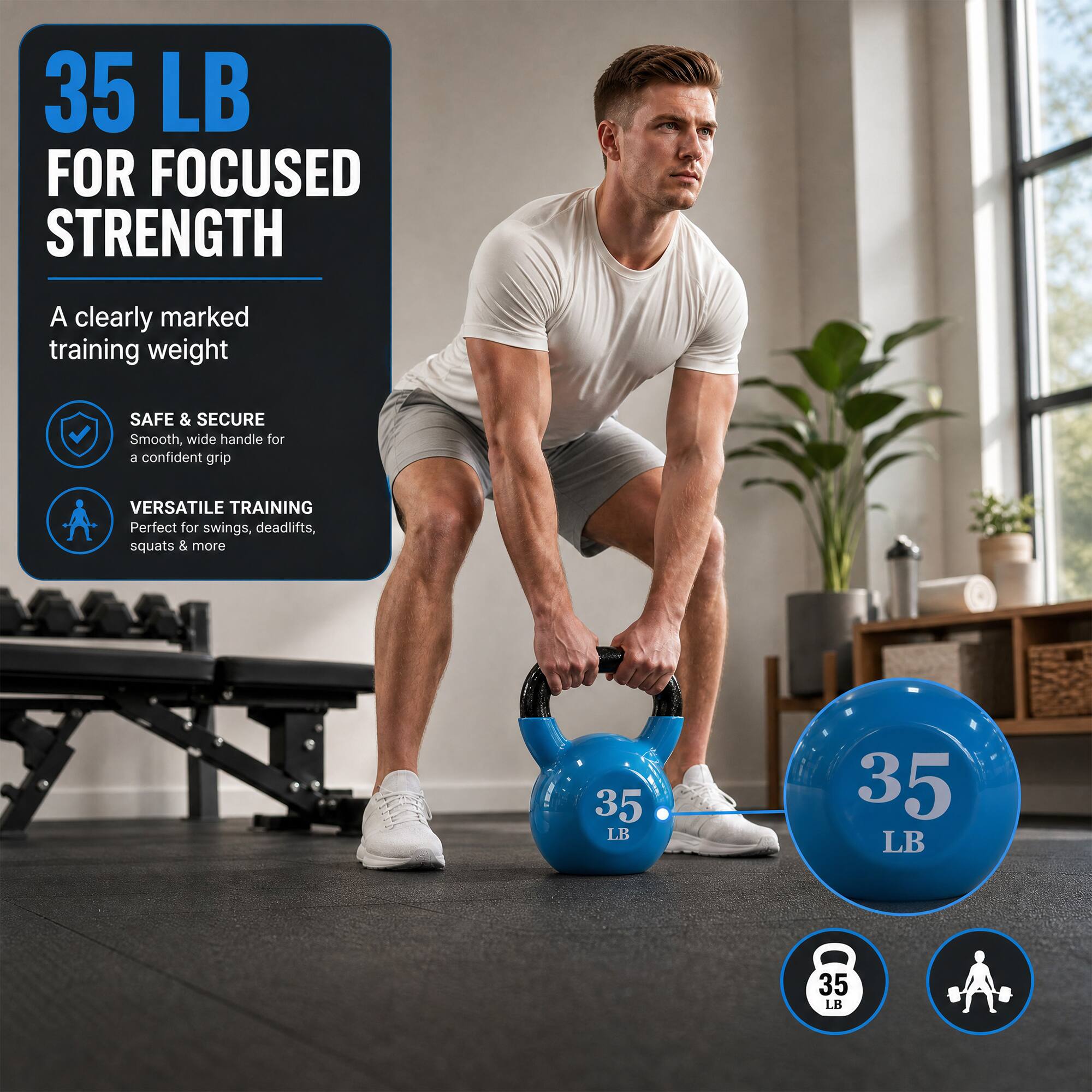 35 LB FOR FOCUSED STRENGTH

A clearly marked training weight

SAFE & SECURE
Smooth, wide handle for a confident grip

VERSATILE TRAINING
Perfect for swings, deadlifts, squats & more

35 LB