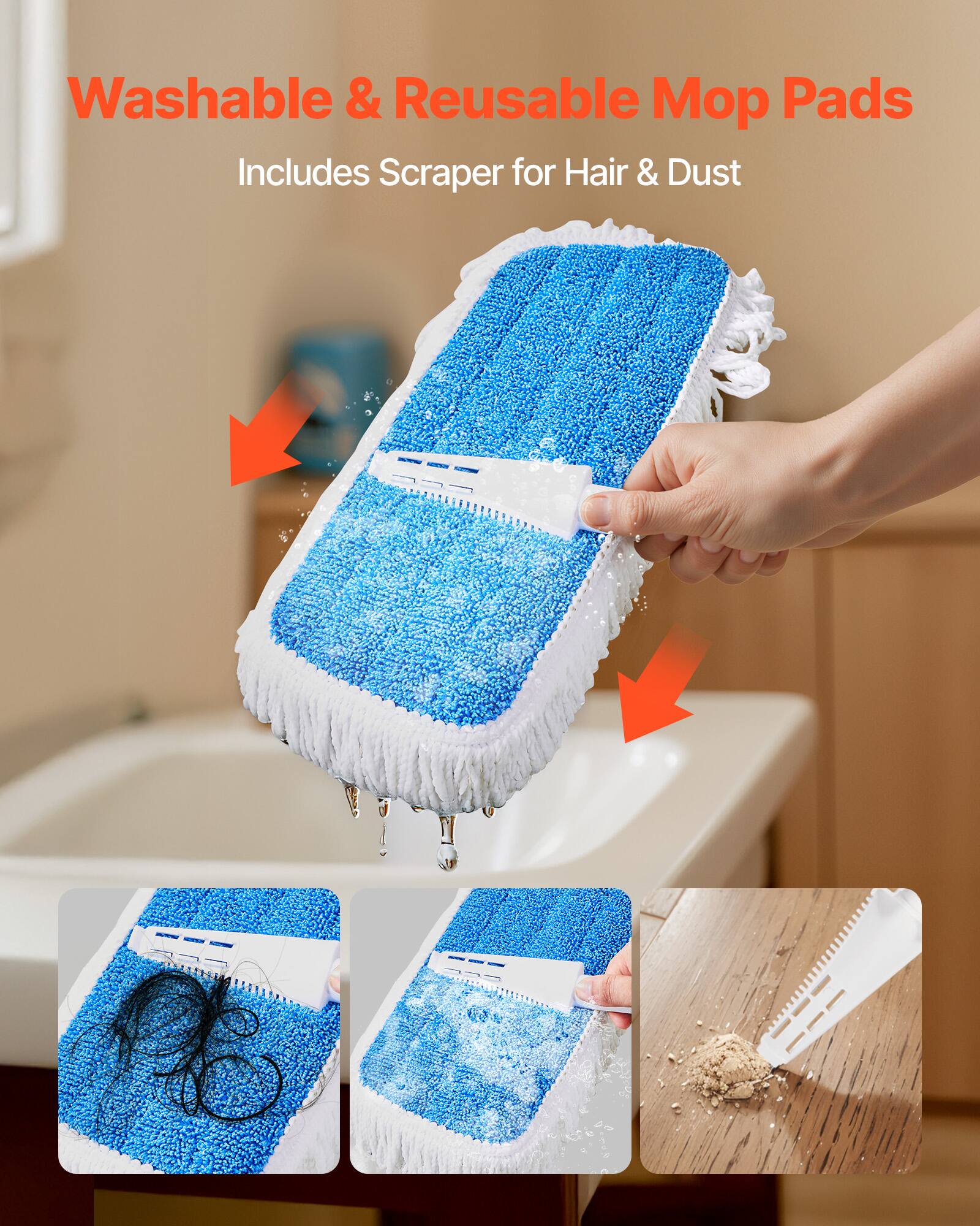 Washable & Reusable Mop Pads  
Includes Scraper for Hair & Dust