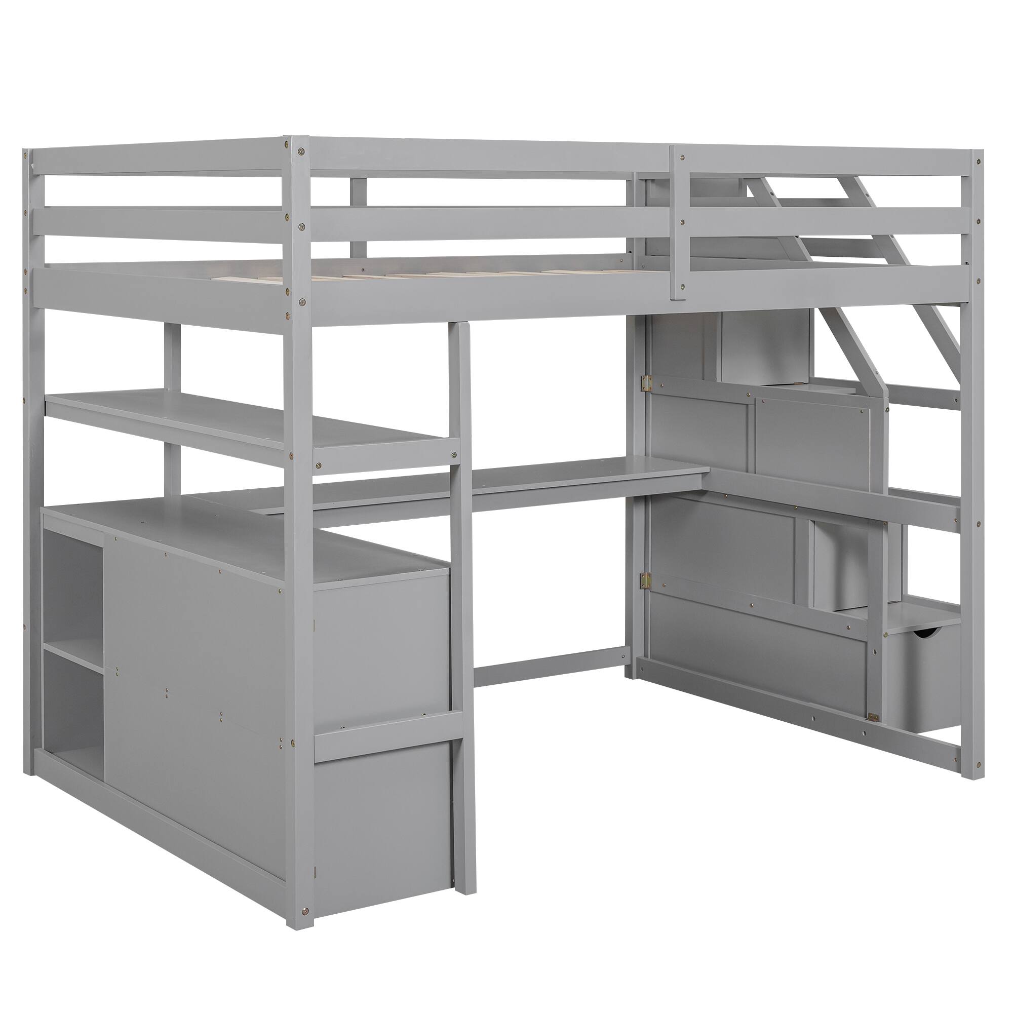 Alt View 5. Tiramisubest - Full Size Gray Loft Bed with Desk, Shelves, 2 Drawers & Storage Staircase, Pine - Gray.