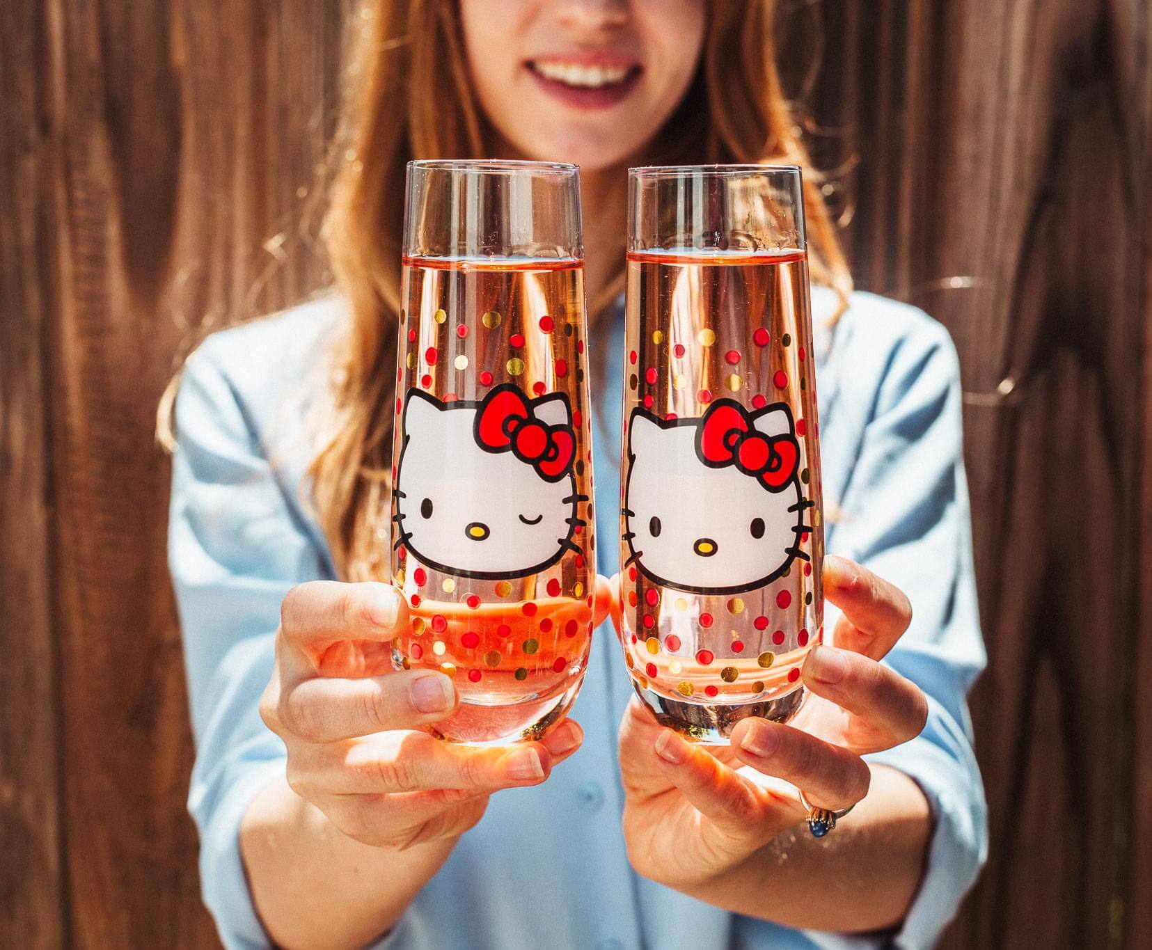 Alt View 4. Silver Buffalo - Hello Kitty Polka Dot Portrait 9-Ounce Stemless Fluted Glassware | Set of 2 - Pink.