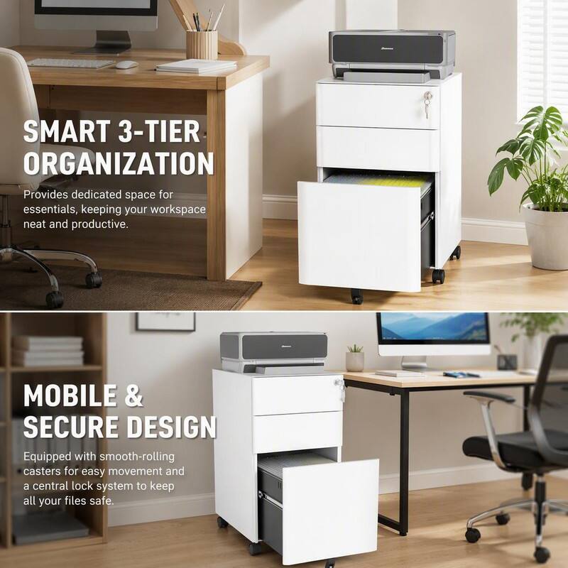 SMART 3-TIER ORGANIZATION  
Provides dedicated space for essentials, keeping your workspace neat and productive.

MOBILE & SECURE DESIGN  
Equipped with smooth-rolling casters for easy movement and a central lock system to keep all your files safe.