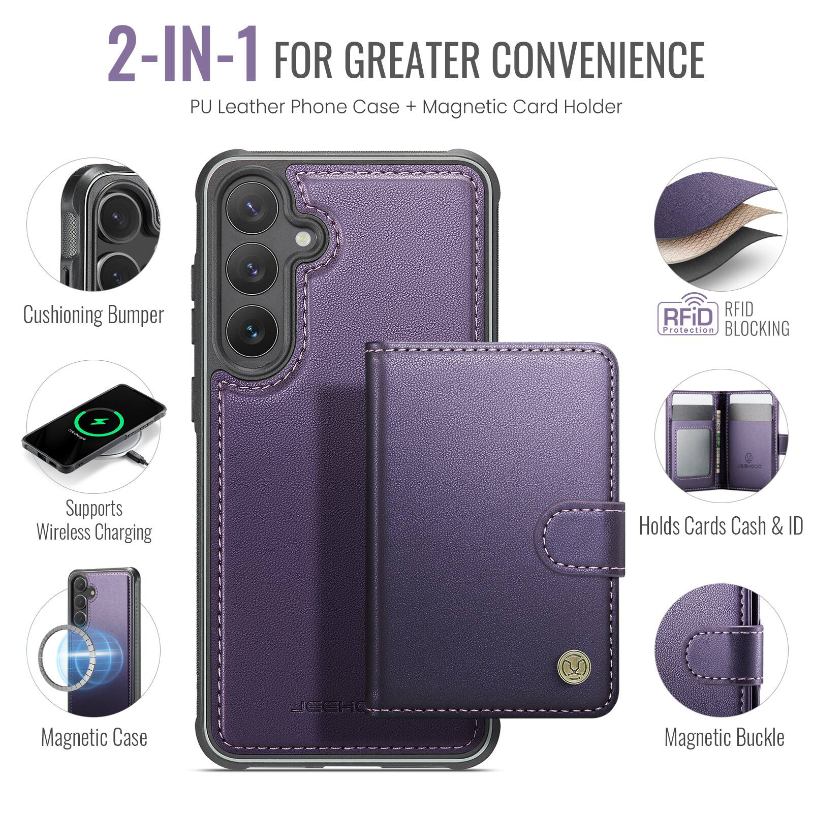 2-IN-1 FOR GREATER CONVENIENCE  
PU Leather Phone Case + Magnetic Card Holder  
Cushioning Bumper  
RFID BLOCKING  
Supports Wireless Charging  
Holds Cards Cash & ID  
Magnetic Case  
Magnetic Buckle