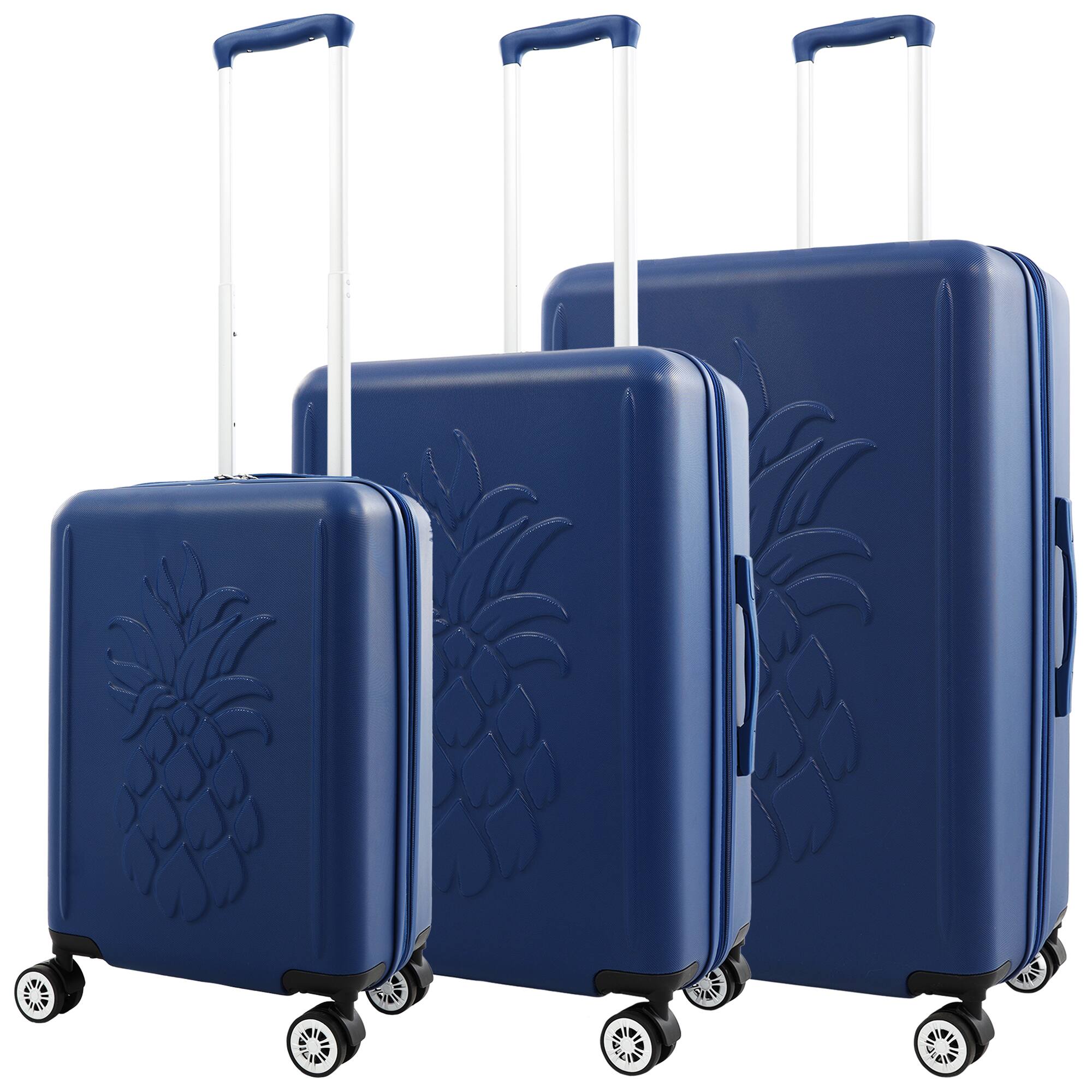 Angle. Tommy Bahama - 3-Piece Hardside Luggage Set with 3D Pineapple – 30", 26" & 21.5" Spinner Suitcases - Blue.