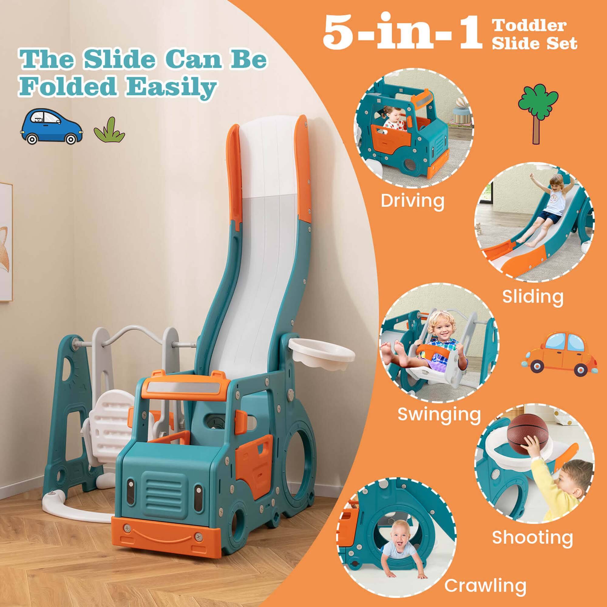 5-in-1 Toddler Slide Set

The Slide Can Be Folded Easily

- Driving
- Sliding
- Swinging
- Shooting
- Crawling