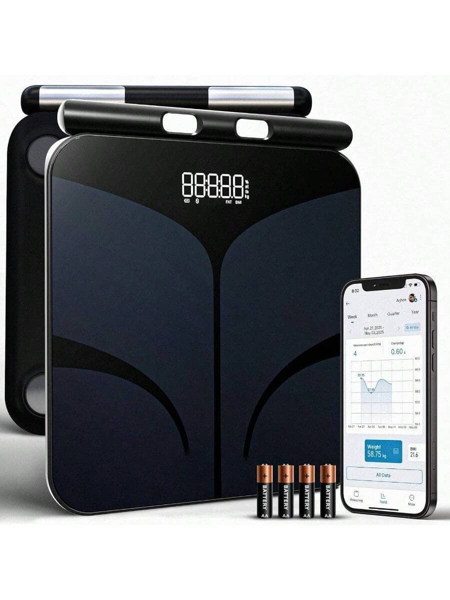 Stamp n Camp - Body weight scale tempered glass platform, smartphone app, 11.8×11.8 Platform for weight management - Black