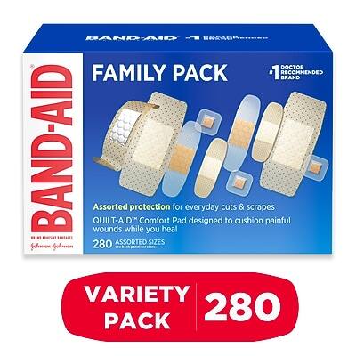 BAND-AID FAMILY PACK  
DOCTOR RECOMMENDED BRAND  

Assorted protection for everyday cuts & scrapes  
QUILT-AID Comfort Pad designed to cushion painful wounds while you heal  

280 ASSORTED SIZES  

VARIETY PACK 280