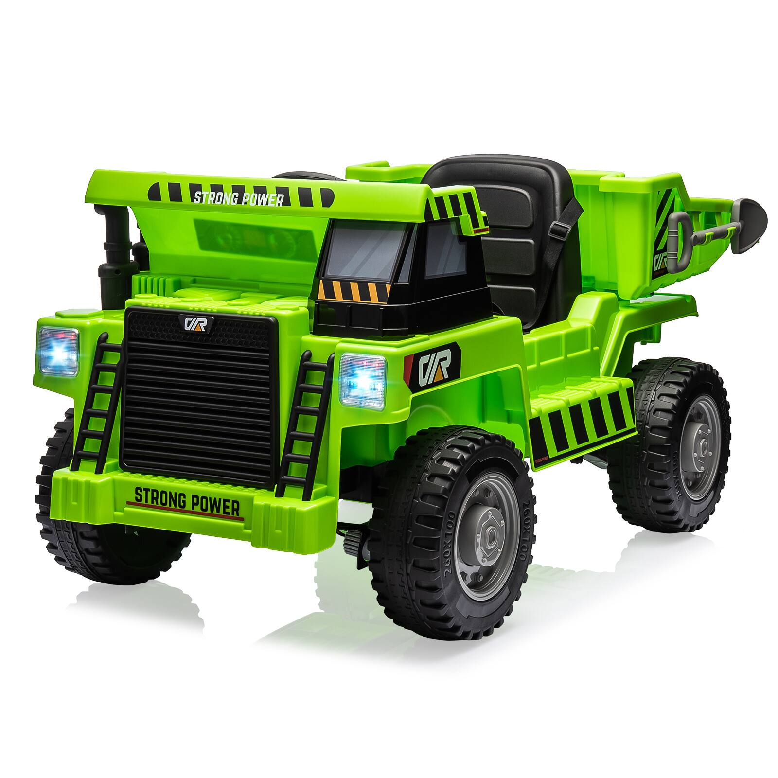 Jojoka - 12V Kids Electric Dump Truck, 7WD Ride-On Construction Vehicle with Remote, Power Dump Bed, Shovel, Music & LED Lights - Green