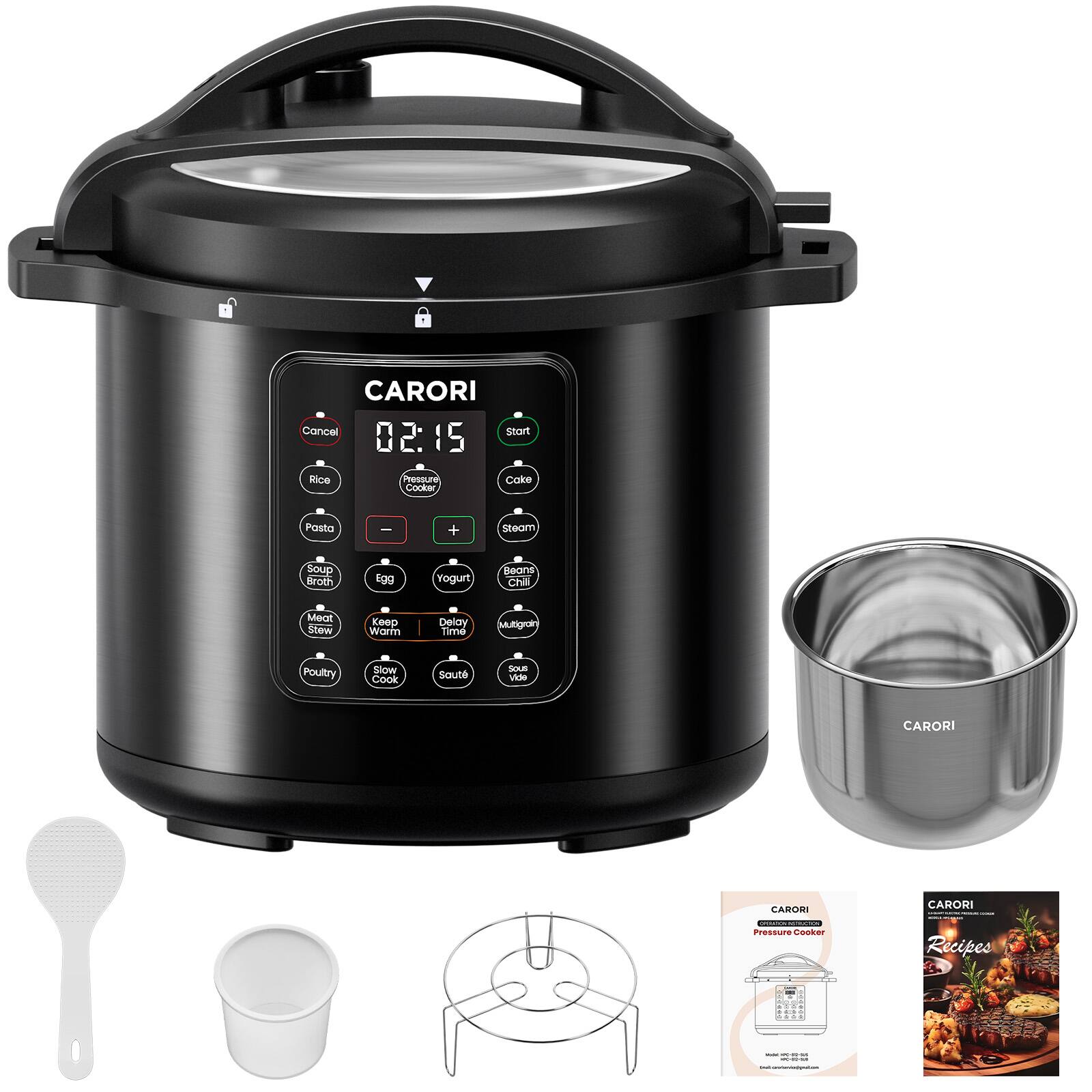 CARORI Cancel sort 02:15 Rice PROSSLE Cake Cooker Pesta ee + steam Coup Broth Egg yoghurt Beans chill Meat Slew Keep warm Delay time MURiO Poultry Slow Cook saute Saute Vvide CARORI CARURI CARORI CUCUO Pressura Cooker Recipes